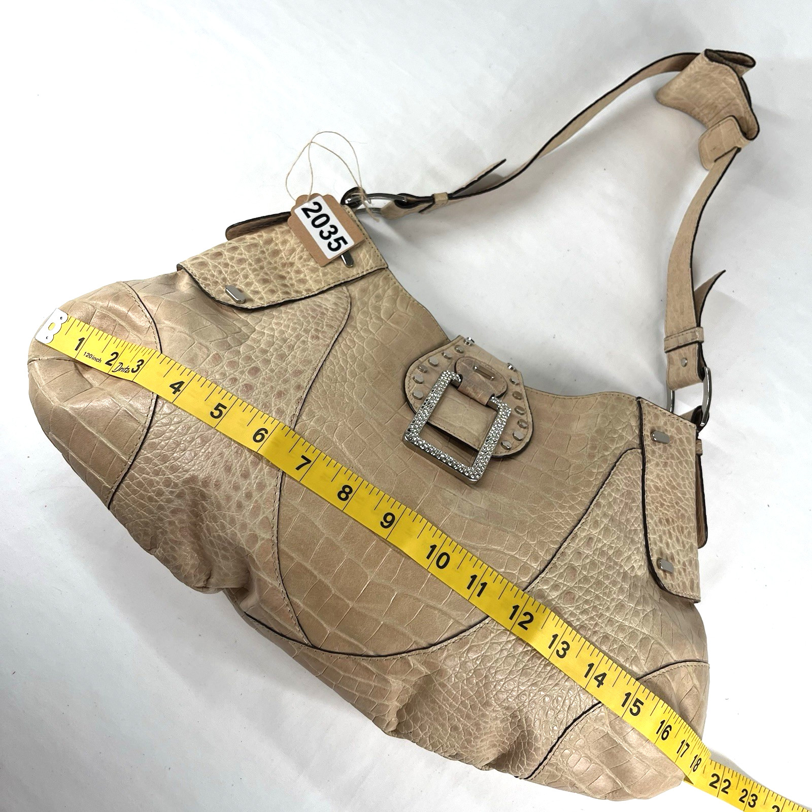Vintage GUESS Y2K Beige Croc Embossed Logo Hobo Bag Studded Rhinestone Buckle