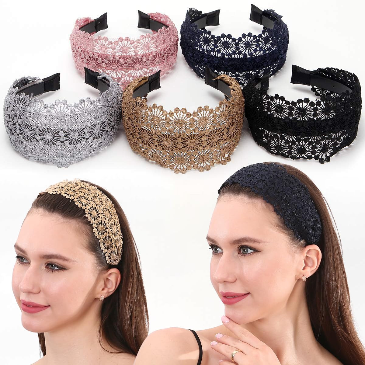 Non-Slip Multicolor Lace Headband Wide-Head Cutout Hard Headbands for Women and