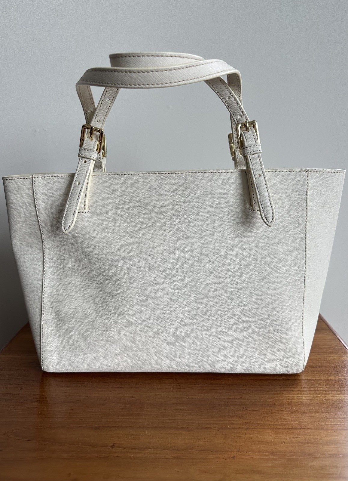 Tory Burch York Buckle Tote – Small, Cream. Saffiano Leather with Gold Hardware
