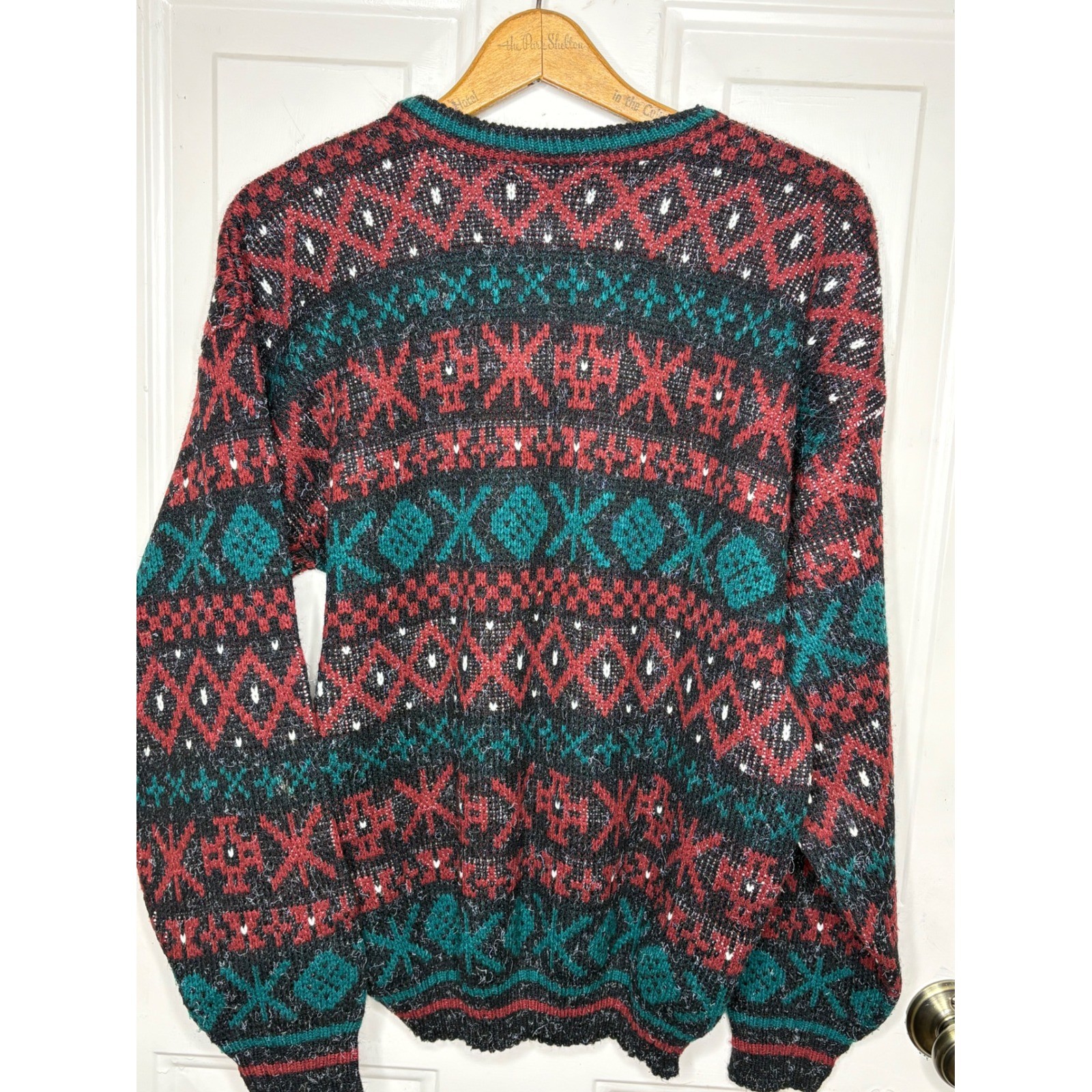 Edison Knitwear Mens Large Fair Isle Geometric Sweater Red Green Black USA