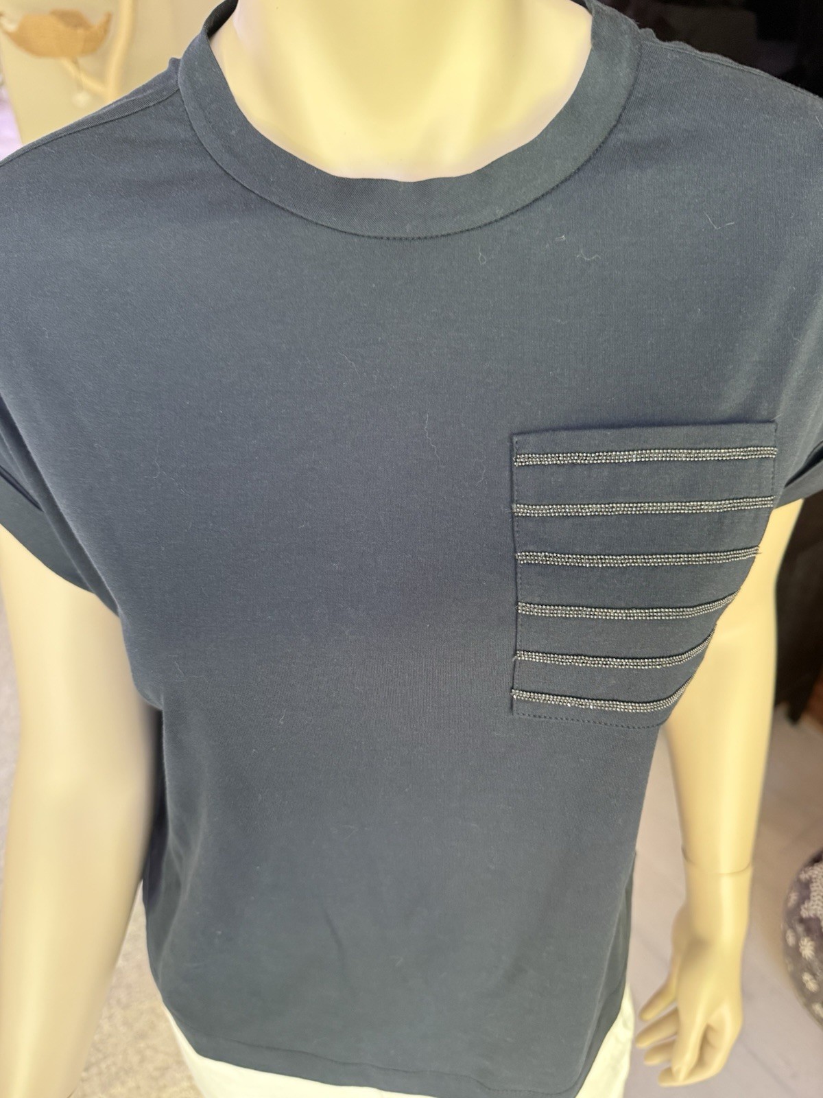 BRUNELLO CUCINELLI Embellished pocket T-shirt Navy Blue Size XS