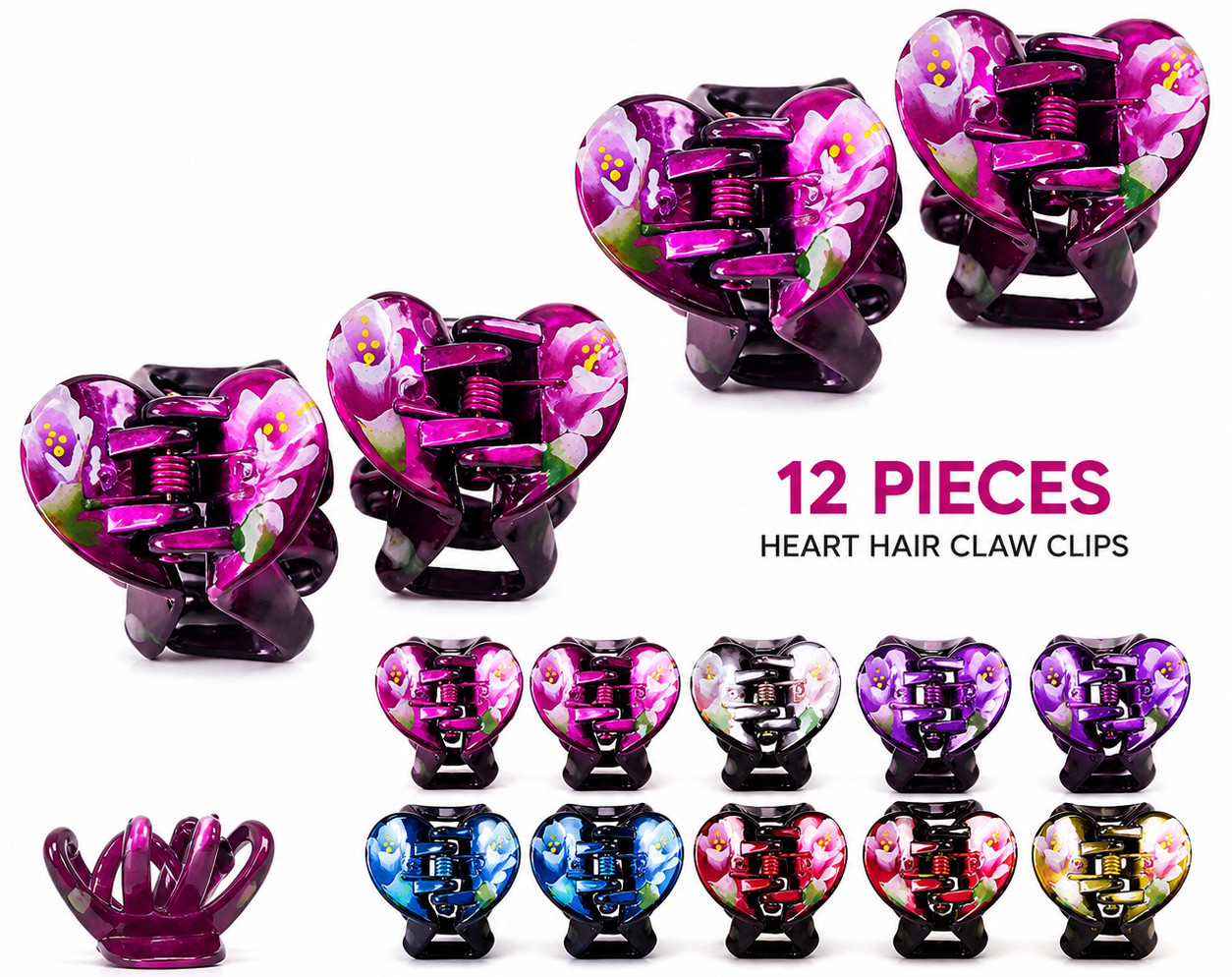 12 pieces Heart Hair Claw Flower Printed Jaw Clip Clamp Comb Butterfly 1.5″ Lots