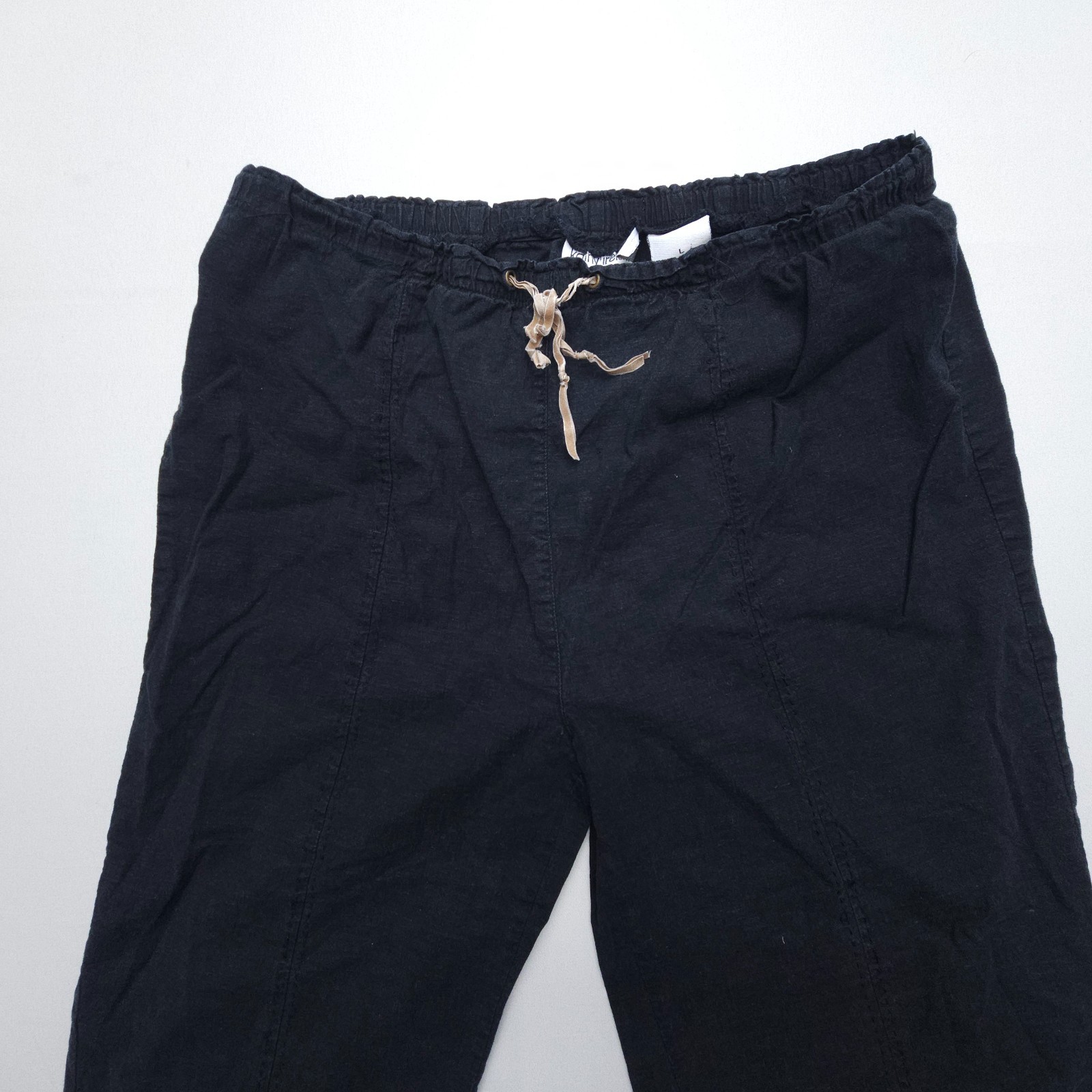 Kathy Ireland Linen Rayon Pull On Capri Crop Pants Size Large Black Flowy