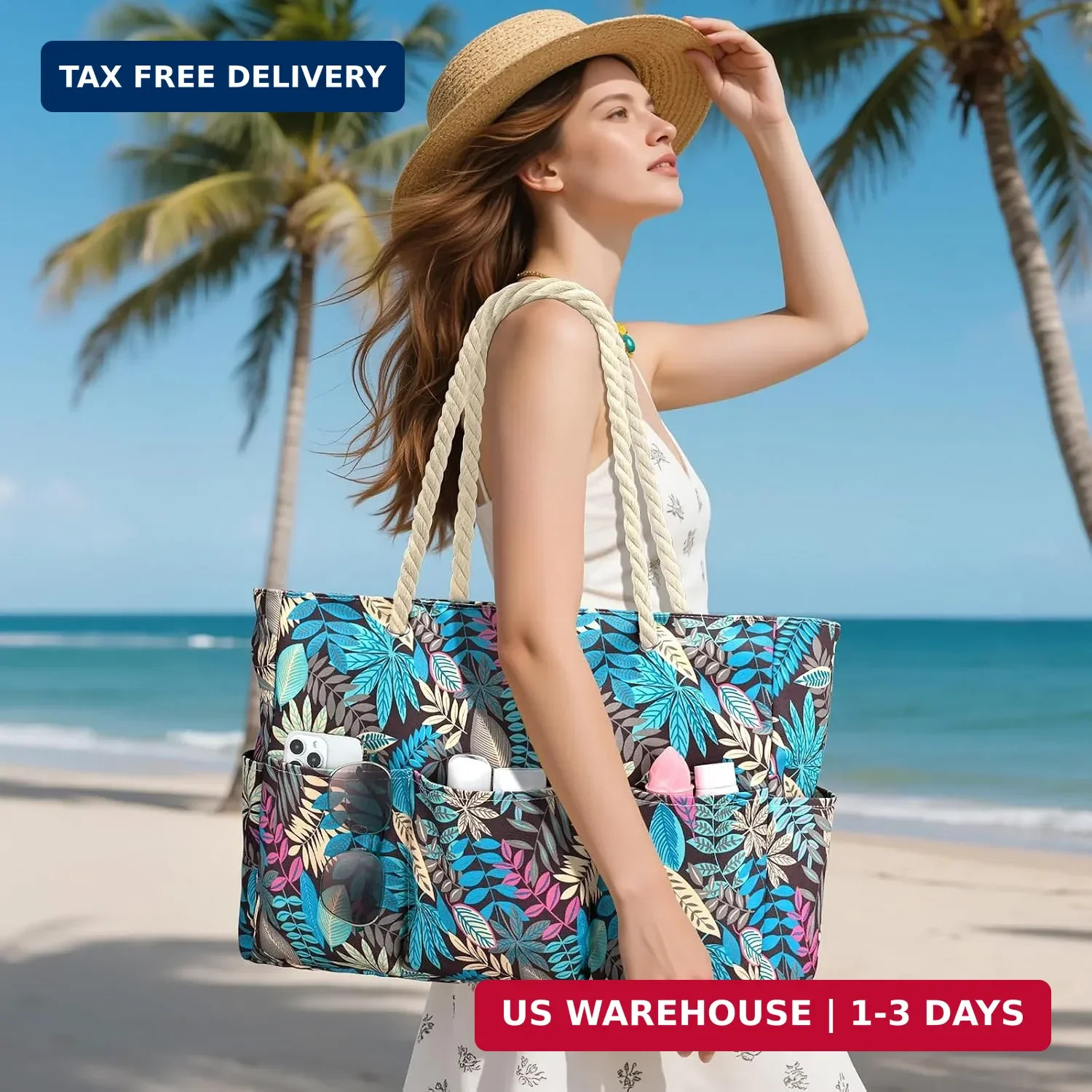 Becokan Beach Bags for Women Canvas Large Beach Tote Bag Zipper