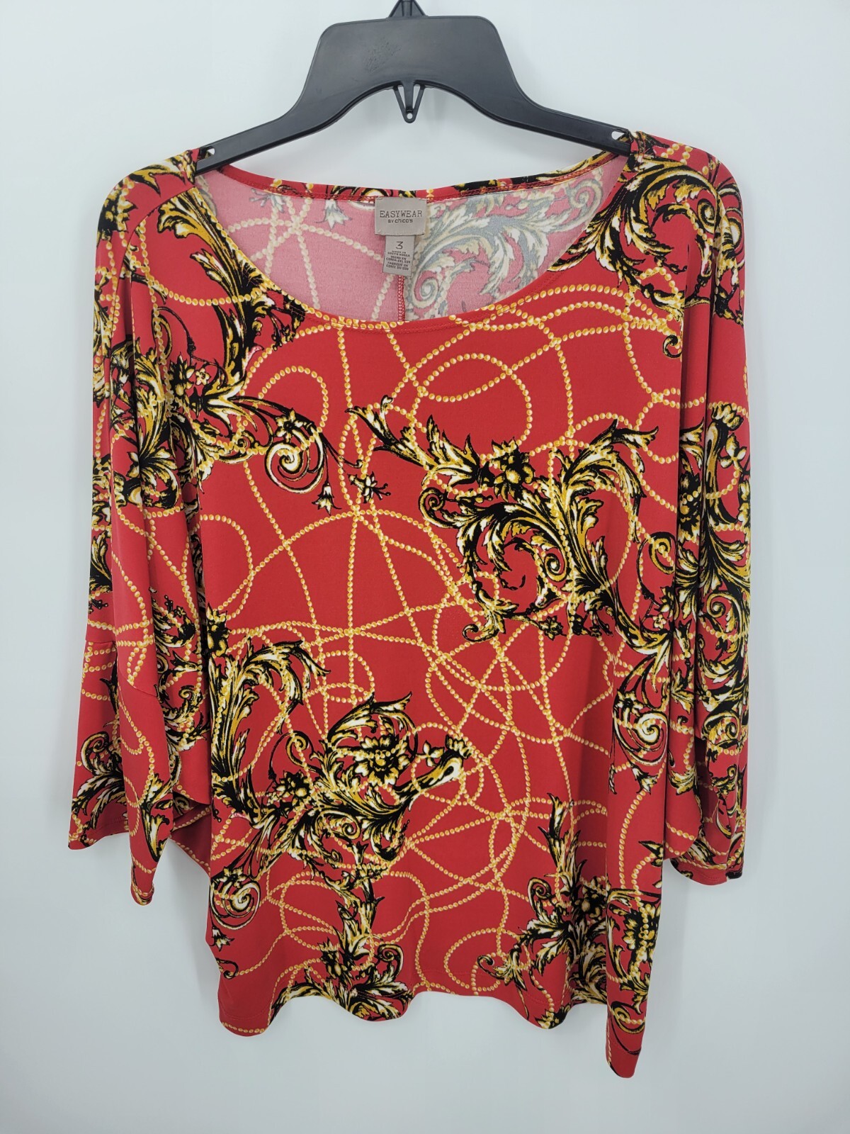 Chicos Top Womens XL 3 Red Black Print Boat Neck Dolman Sleeve Art to Wear Shirt
