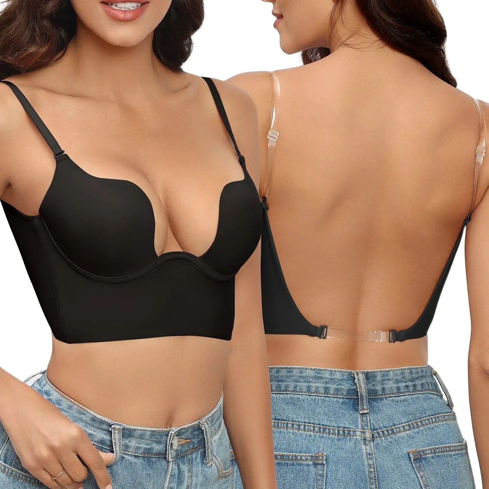 Push Up Bra Backless Women Low Cut Plunge Invisible Seamless Deep U Lingerie Hot