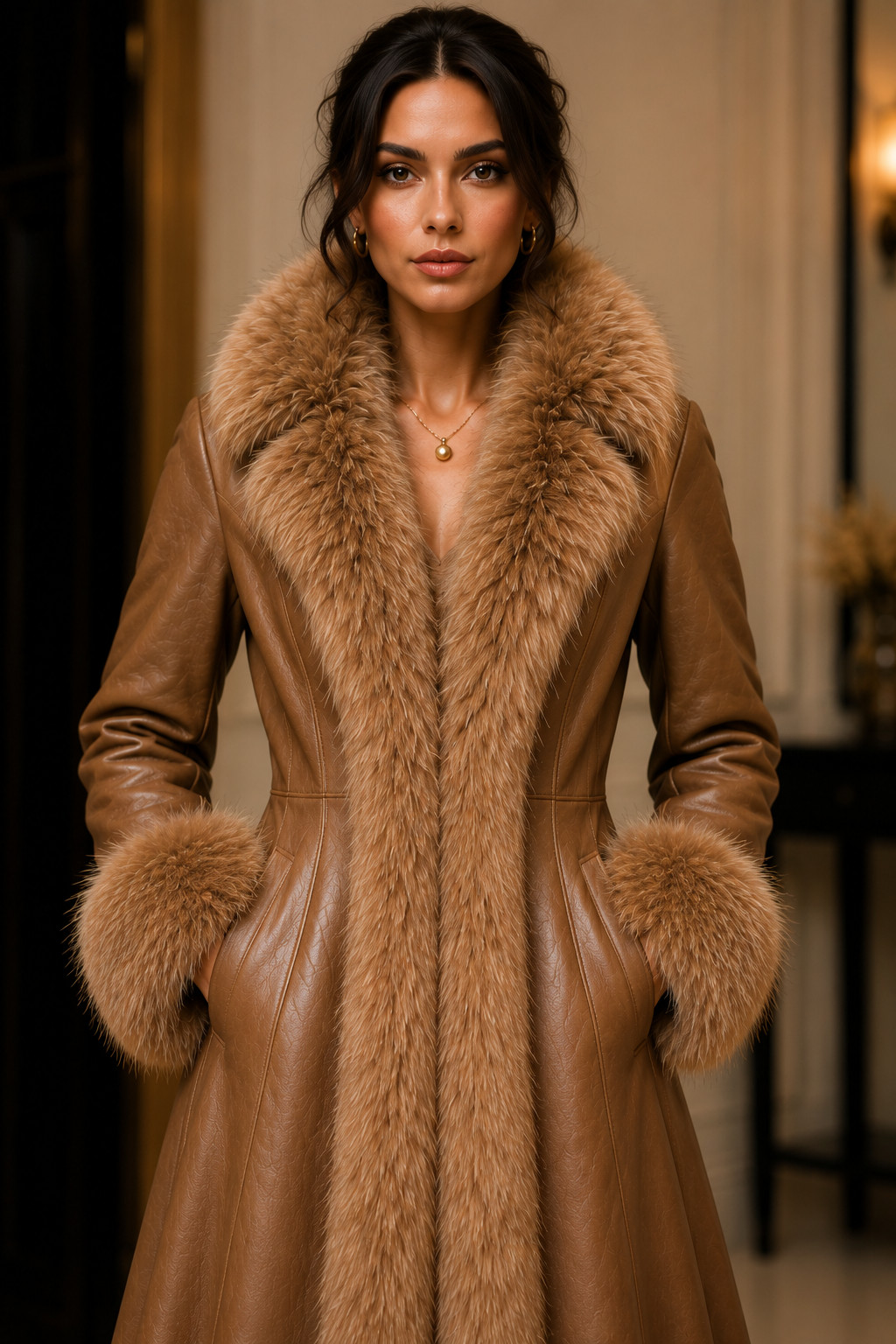 Womens Brown Leather Long Coat – Faux Fur Winter – Collar Trim Designer Overcoat