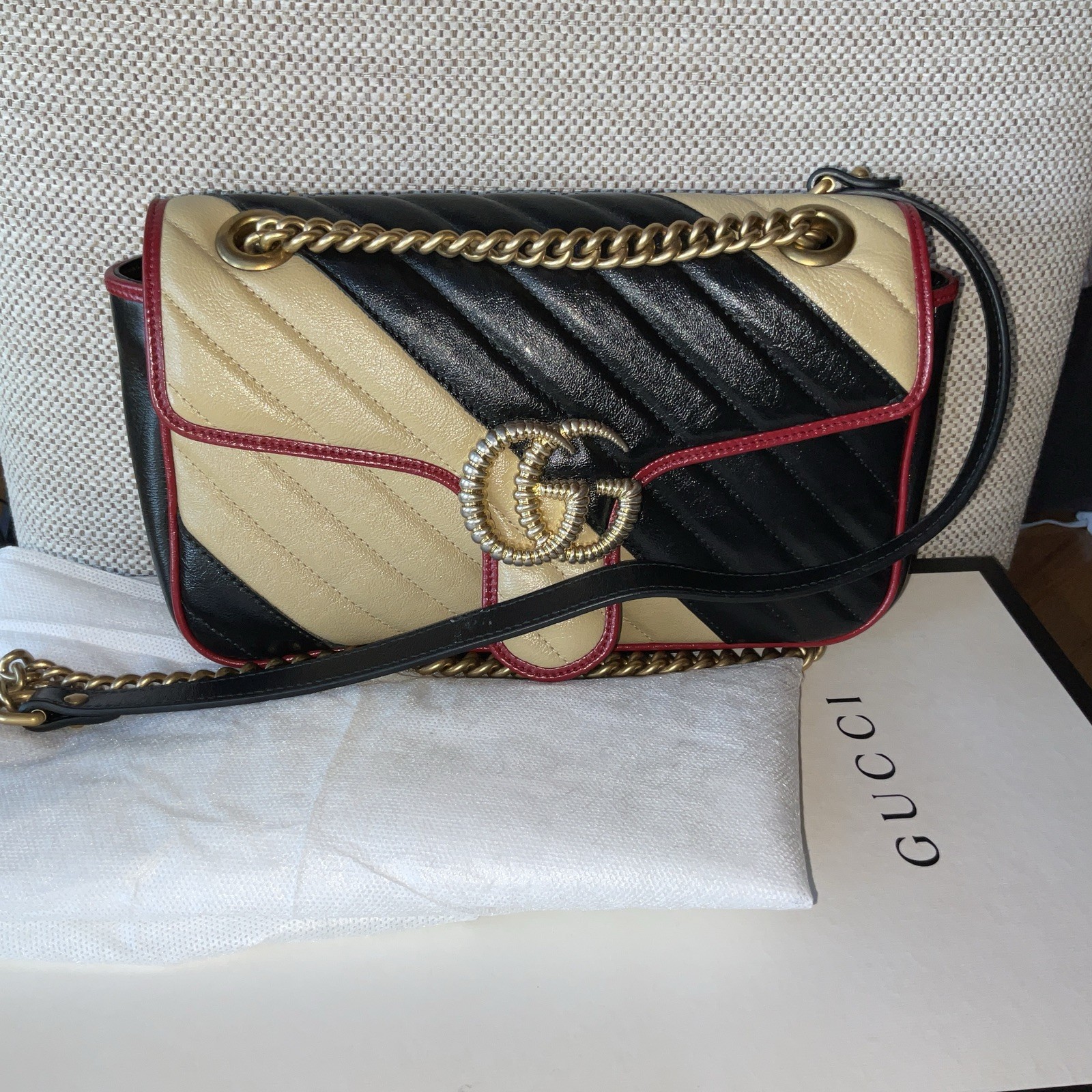 Gucci Black/Red/Beige Quilted Leather Marmont Torchon Small Flap Bag