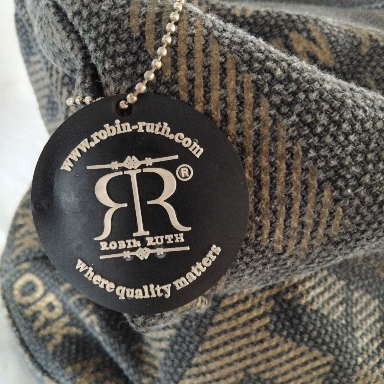 Robin Ruth Grey Woven Fabric Logo Zip Shoulder Bag w/ Charm Silver Hardware