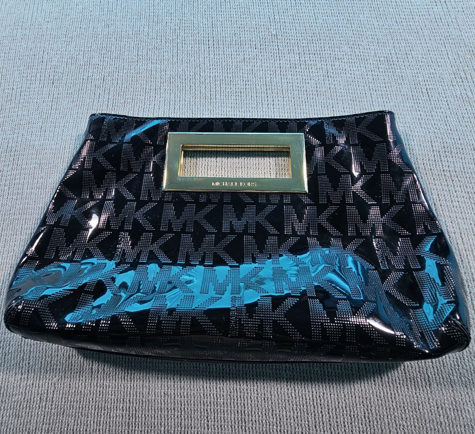Michael Kors MK Monogram Zip Clutch Pouch Black/Blue Gold Hardware Mirror