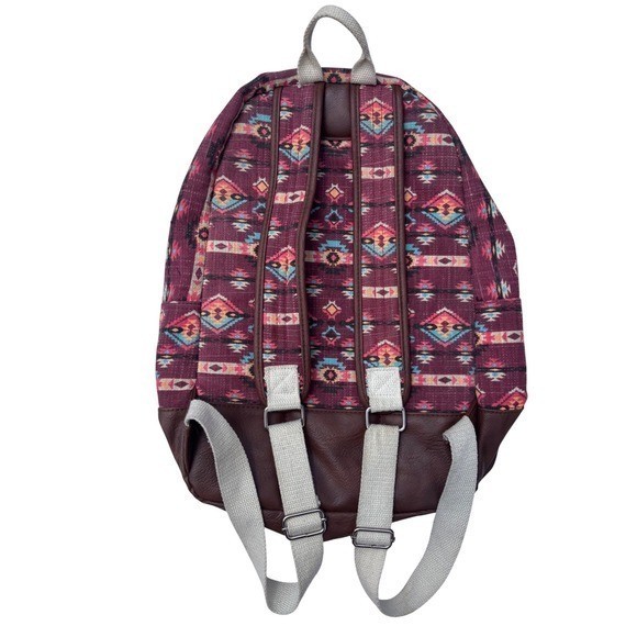 Southwestern Canvas Backpack Burgundy Brown Boho Multiple Pockets Medium