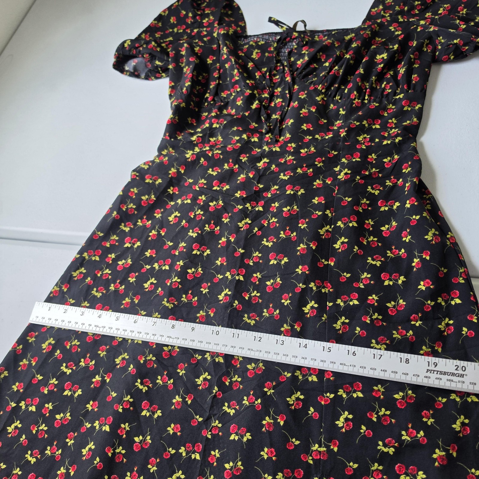 Whimsigoth Dark Romantic Dress Womens Large Black Floral Sweetheart Puff Sleeve