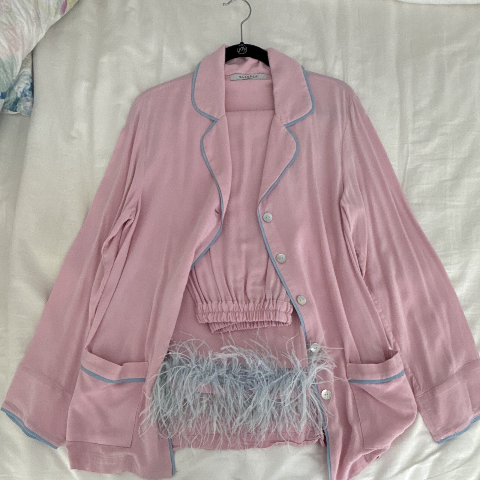 Sleeper Women’s Satin Pajama Set M Pink/Blue Piping Button-Front Long Sleeve