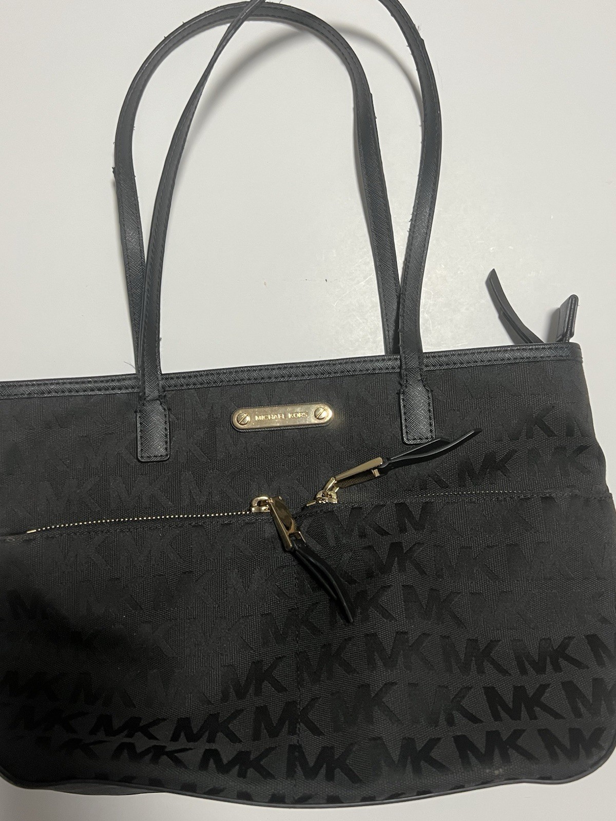 Michael Kors Women’s Black Logo Tote Bag, Double Handles, Zip, Gold-Tone