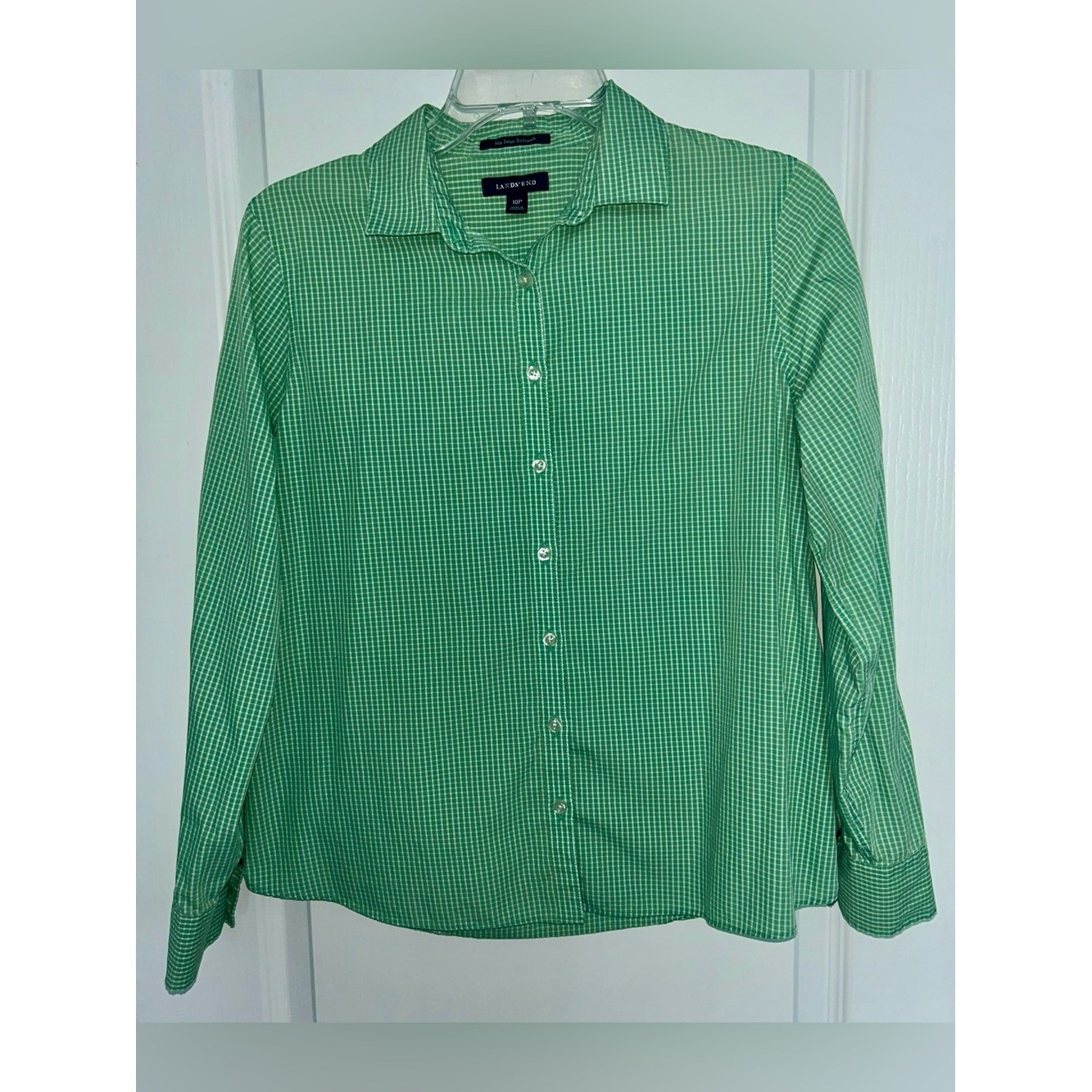 Lands’ End No Iron Supima Cotton Green Gingham Button Up Shirt Petite 10P
