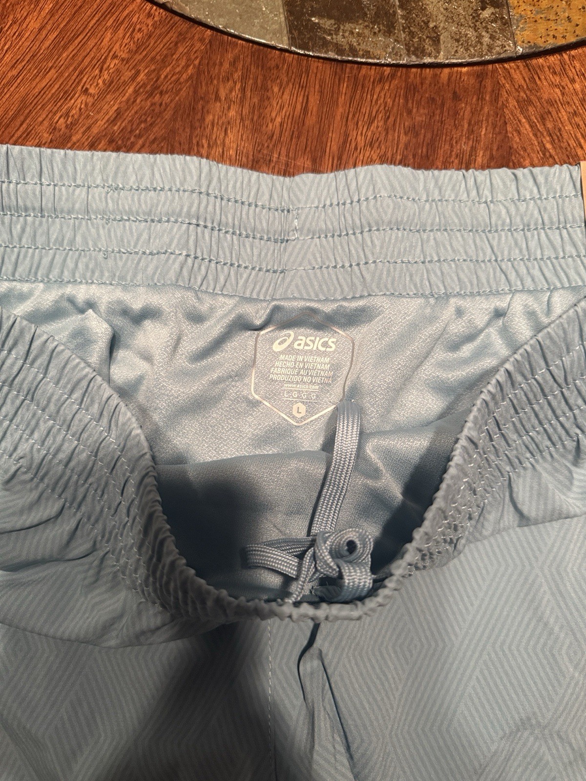 ASICS Women’s Blue Geometric Lined Running Shorts Pockets Drawstring L