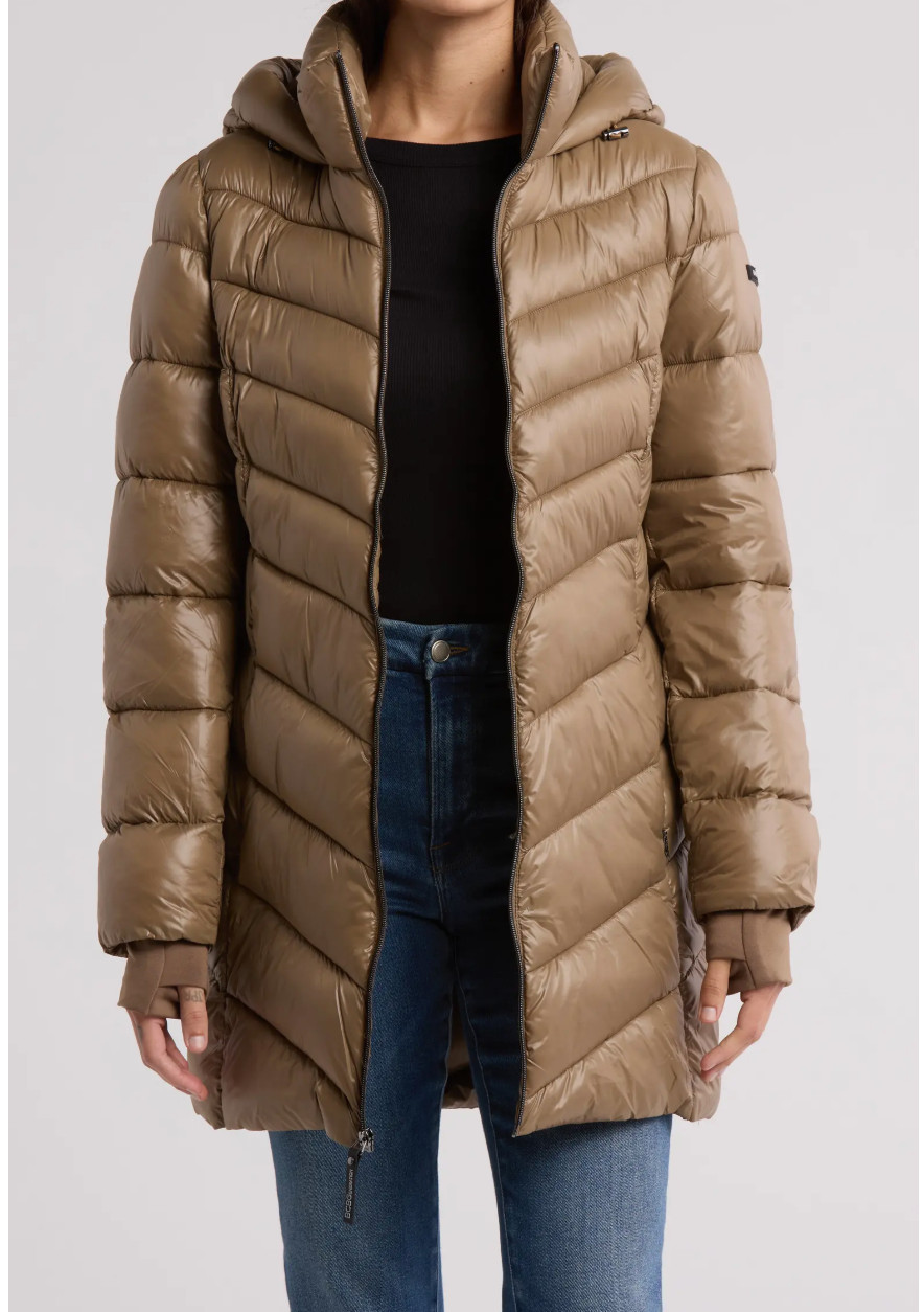 NWT BCBGENERATION Womens Hood Chevron Quilted Packable Puffer Coat Caramel L