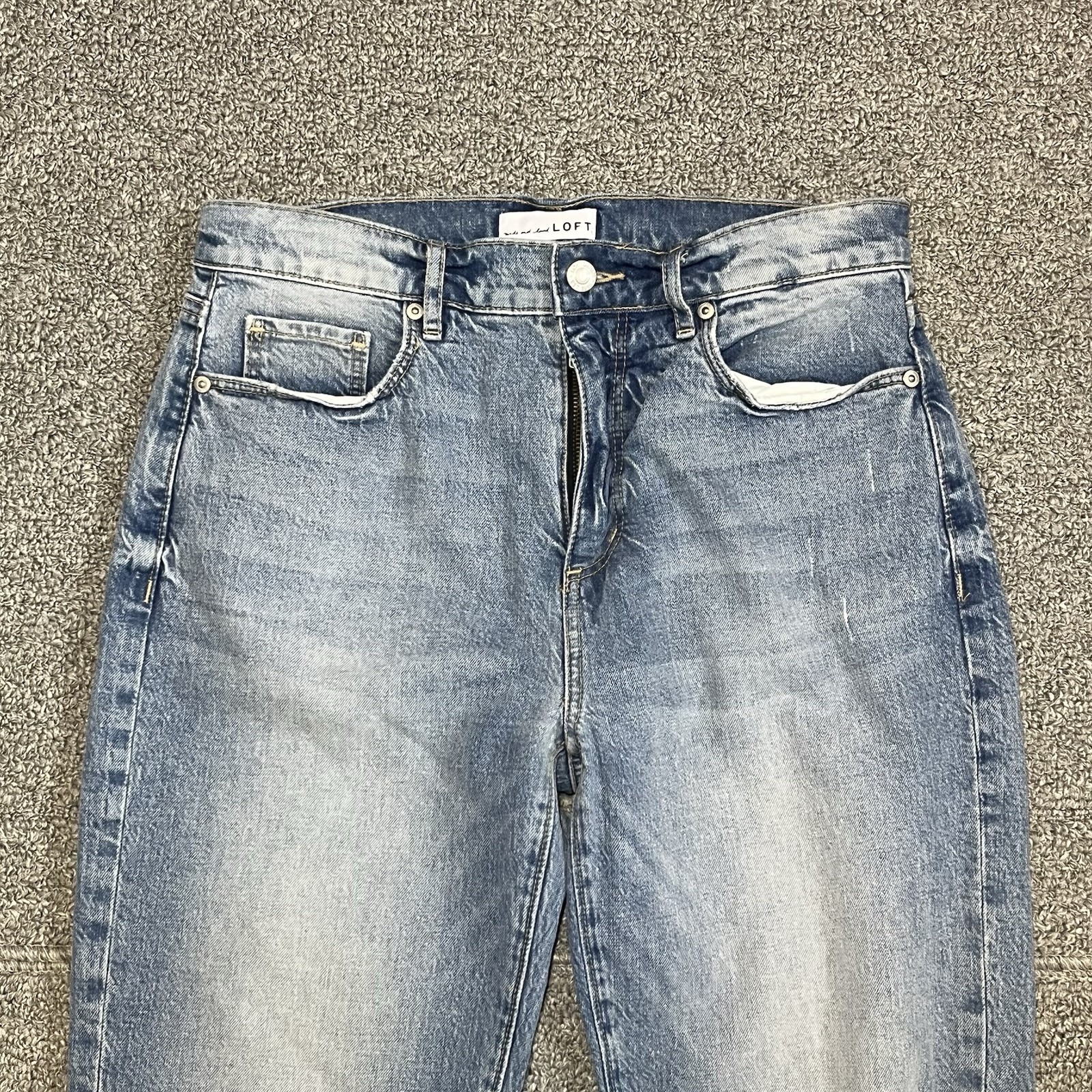 LOFT The Straight Crop Jeans Size 26/2 Blue Denim Distressed Fringe Frayed Hems