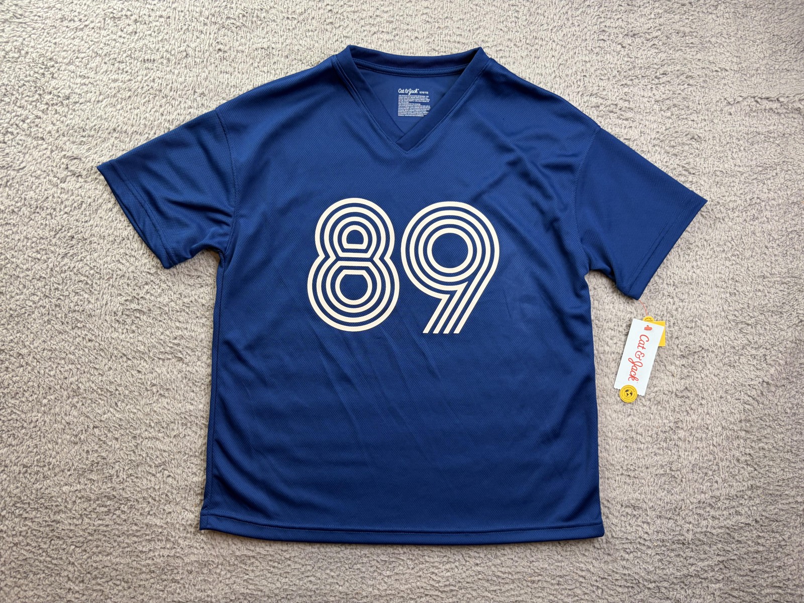 Cat & Jack Shirt Boys Large 10/12 Blue 89 V-Neck Jersey T-Shirt Athletic