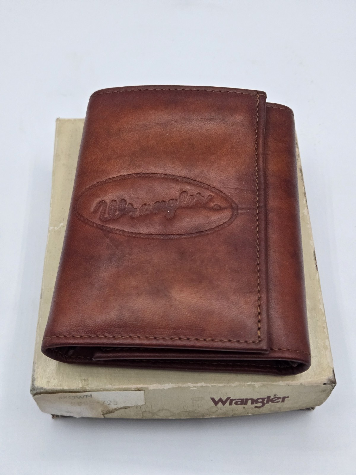 Vintage Wrangler Genuine Leather Trifold Wallet Brown w/ Box USA Made NOS