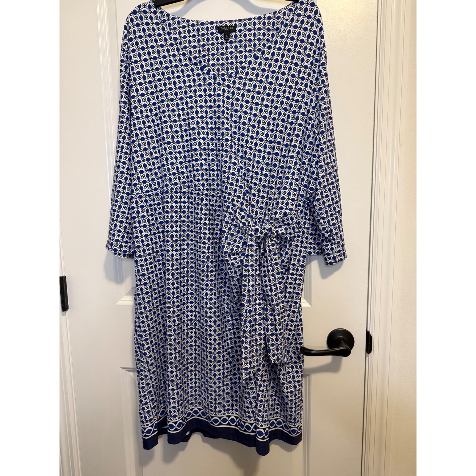 Talbots Faux Wrap Jersey Dress Womens 3X Blue White Excellent Geometric