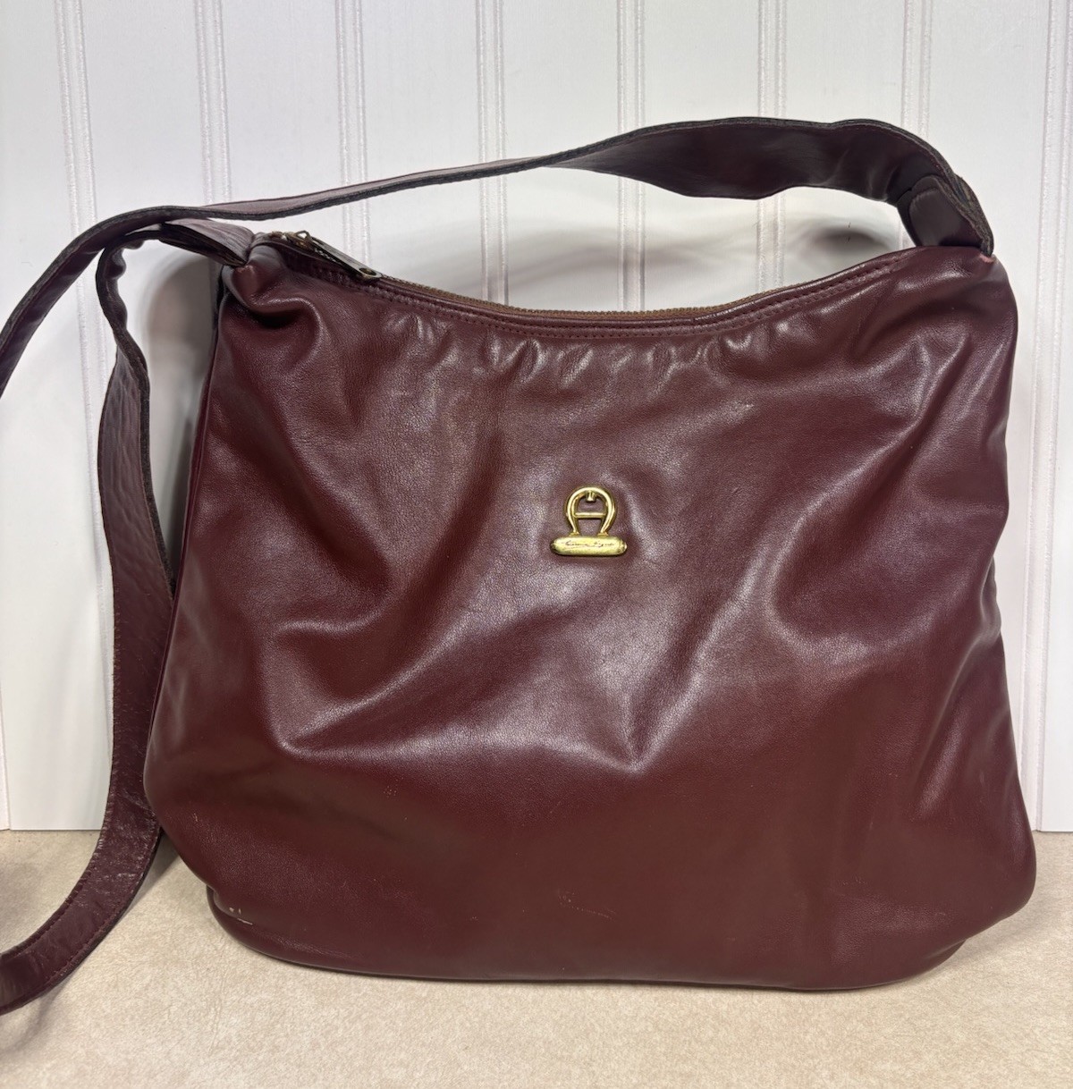1980s Etienne Aigner Oxblood Leather Knotted Hobo Bag Curved Scoop Purse