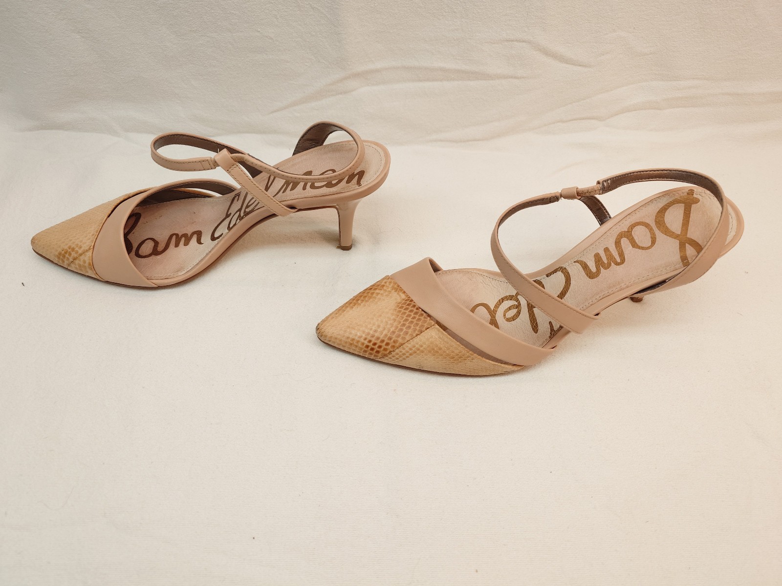 Sam Edelman Othello Snakeskin Leather Ankle Strap Heels Size 7M Tan Slip On