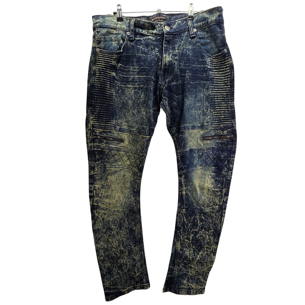 M Society Moto Mens Barrel Jeans Acid Wash Biker 38×32 Streetwear Grunge Denim