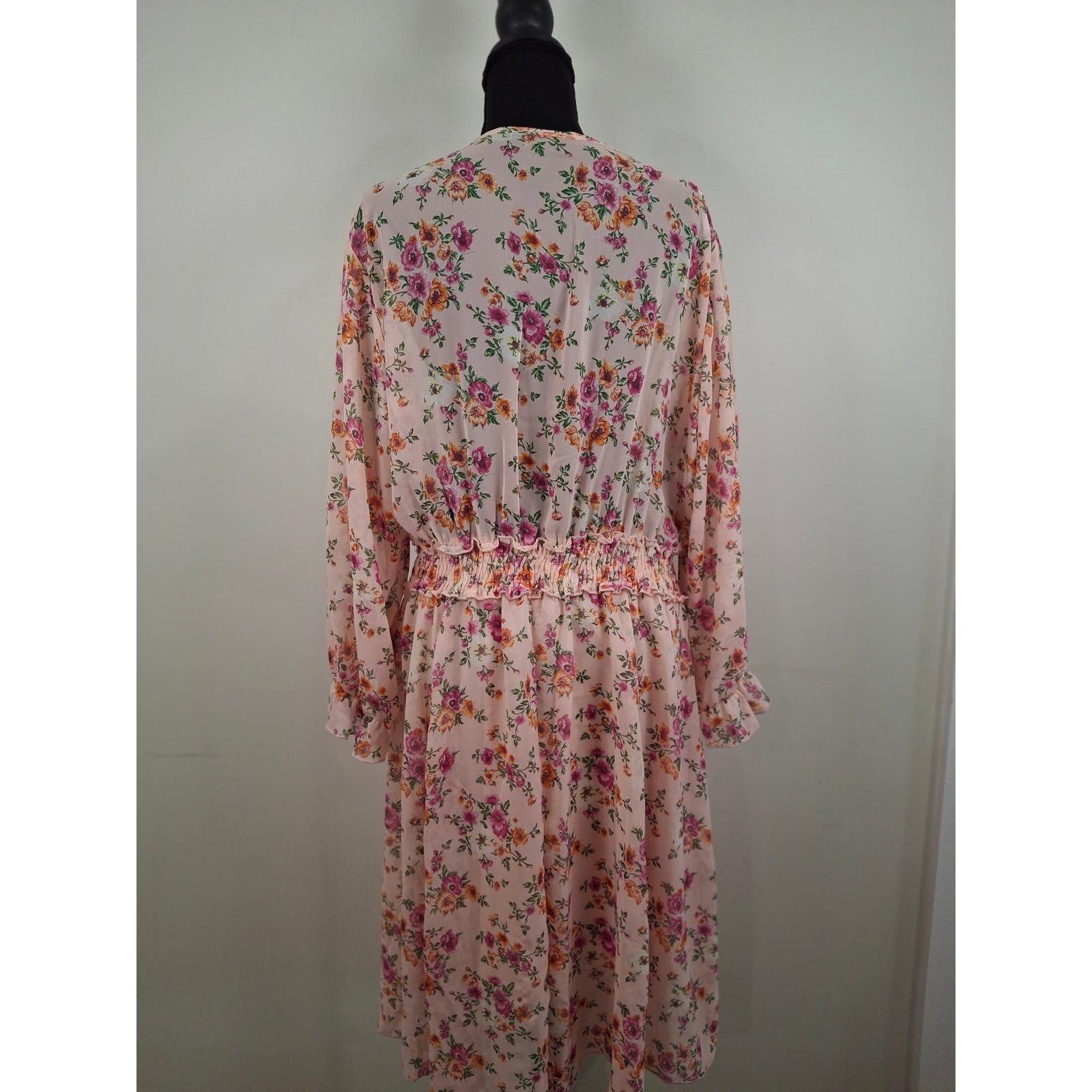 Stella & Julie Pink Floral Faux Wrap Midi Dress Plus Size 18W Smocked