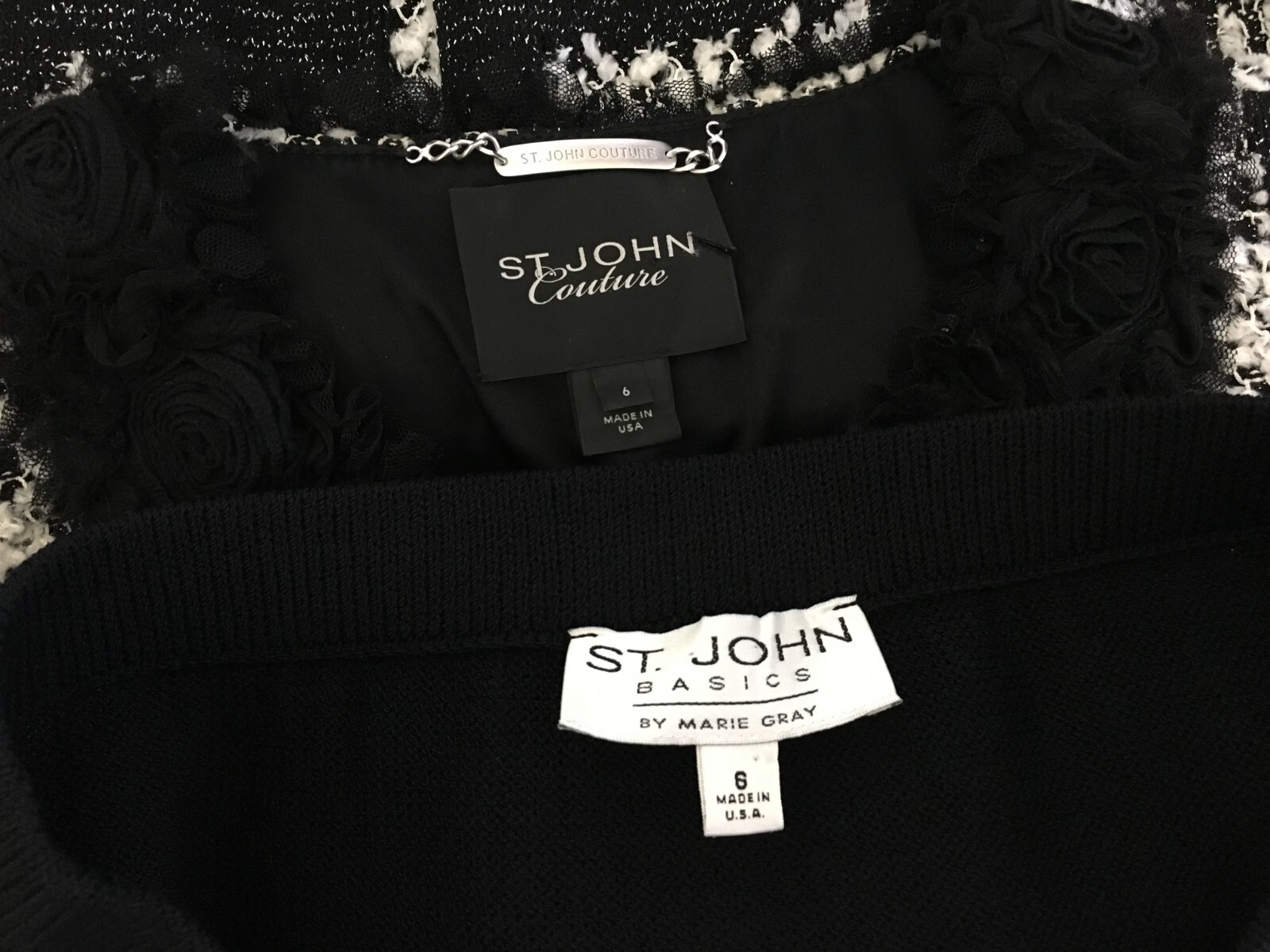 BEAUTIFUL St John couture knit black white jacket skirt suit size 6