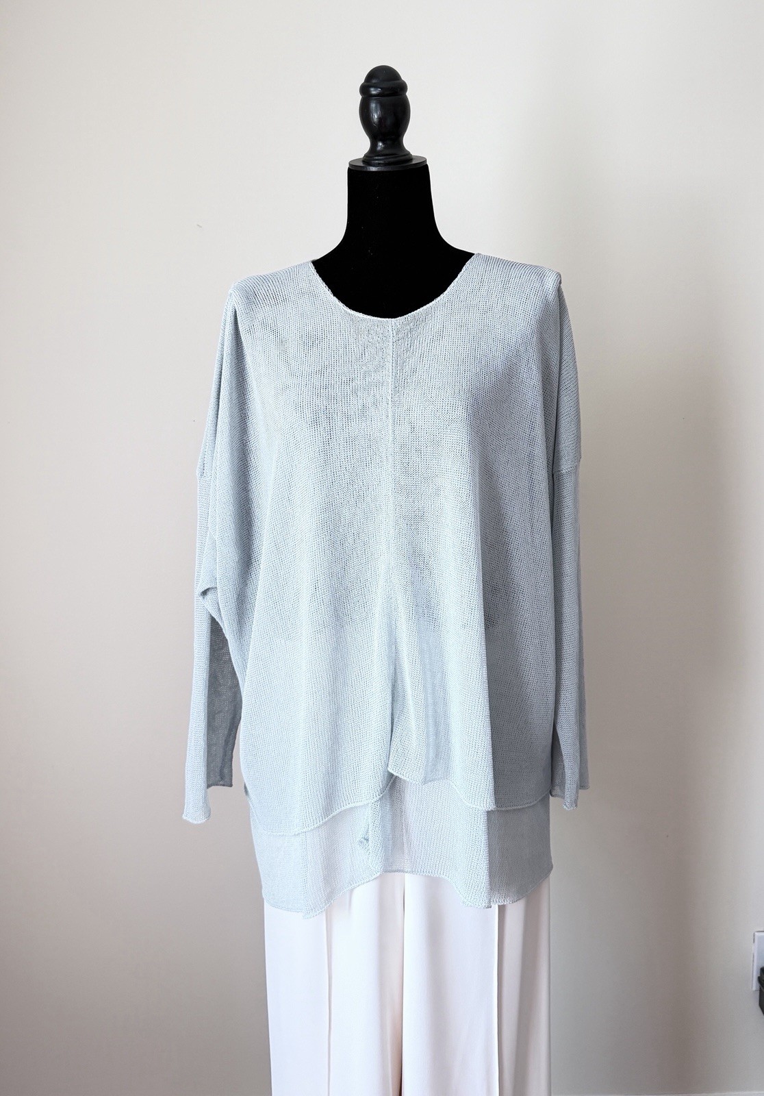 Eskandar Open Knit Sweater Pleated Shoulder Soft Sage Blue Layered Linen Blend