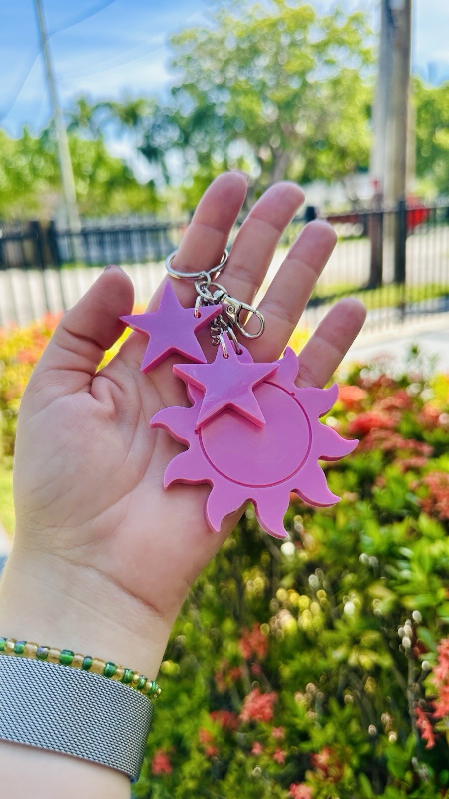 Handmade Pink Epoxy Resin Sun & Star Keychain Cute Kawaii Bag Charm Gift
