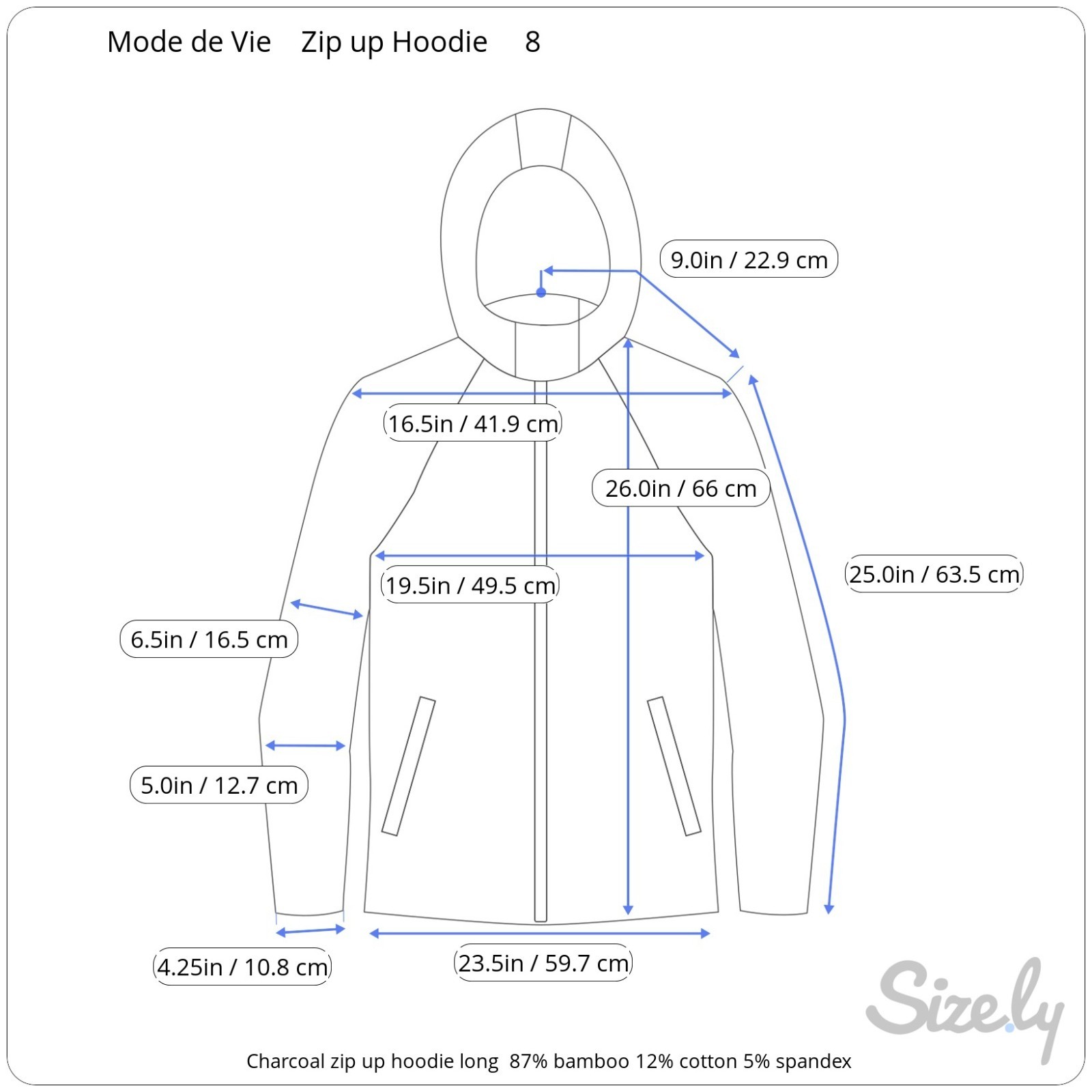 Womans Mode de Vie Long Charcoal Hooded Sweatshirt 2 Way Zip Up sz 8 Thumb Holes
