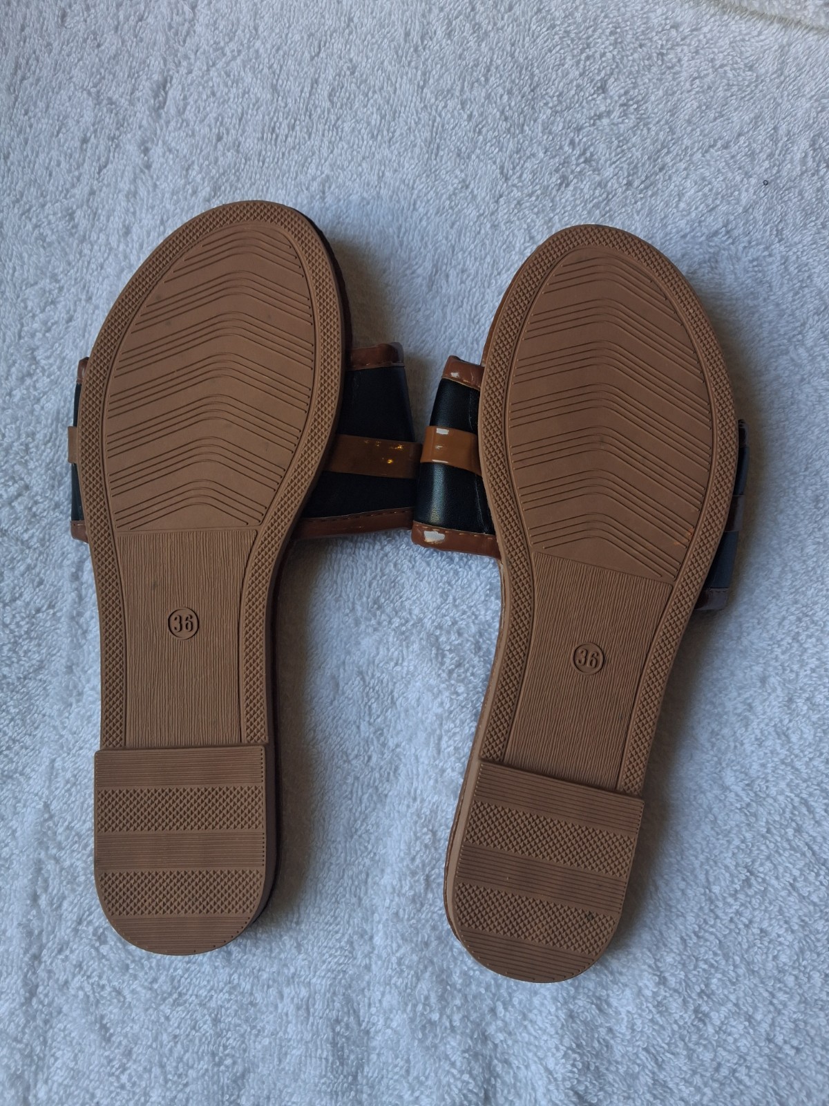 Women’s Brown/Black/Gold Slip-On Slide Sandals Open Toe Logo Straps EU 36
