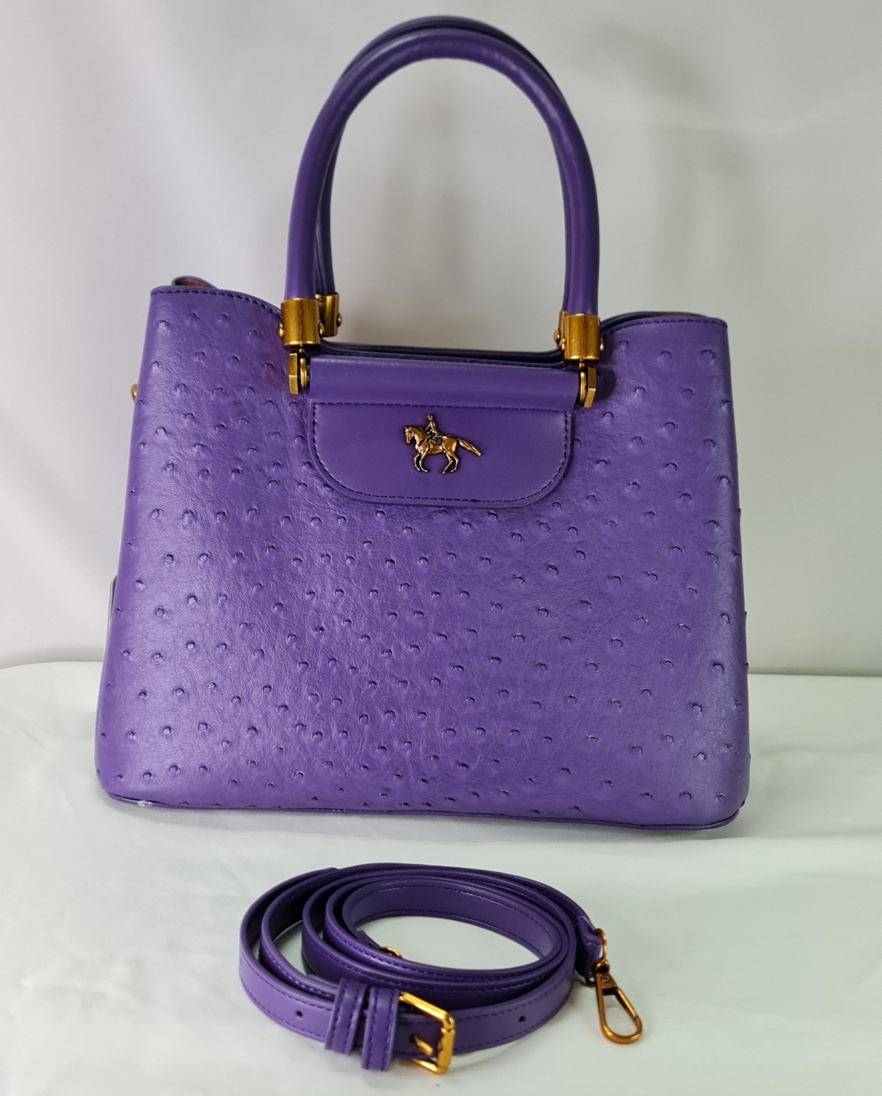 Purple Ostrich Embossed Cow Leather Satchel Top Handle Crossbody Bag Gold Zip