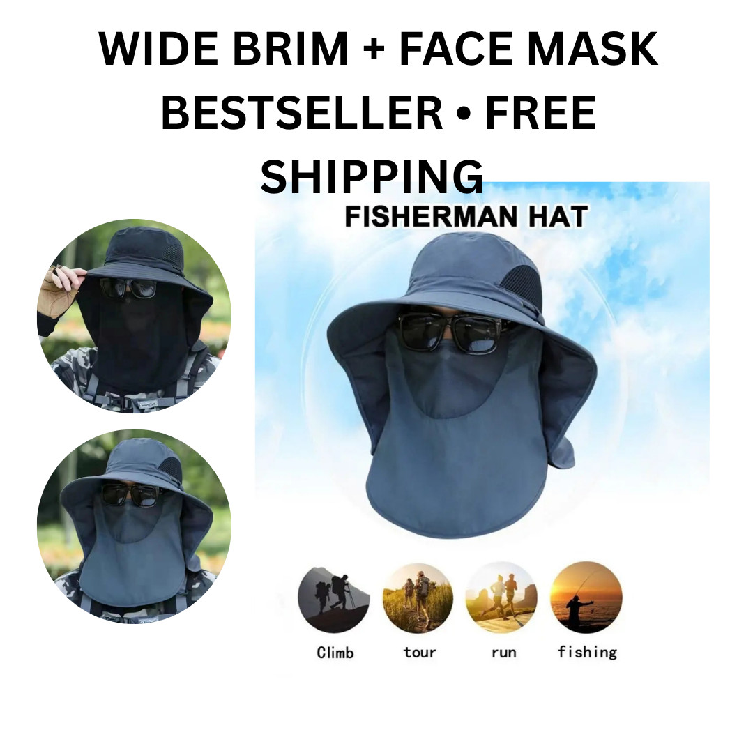 Wide Brim Sun Hat Face Mask UV Protection Fishing Hiking Camping Safari Cap