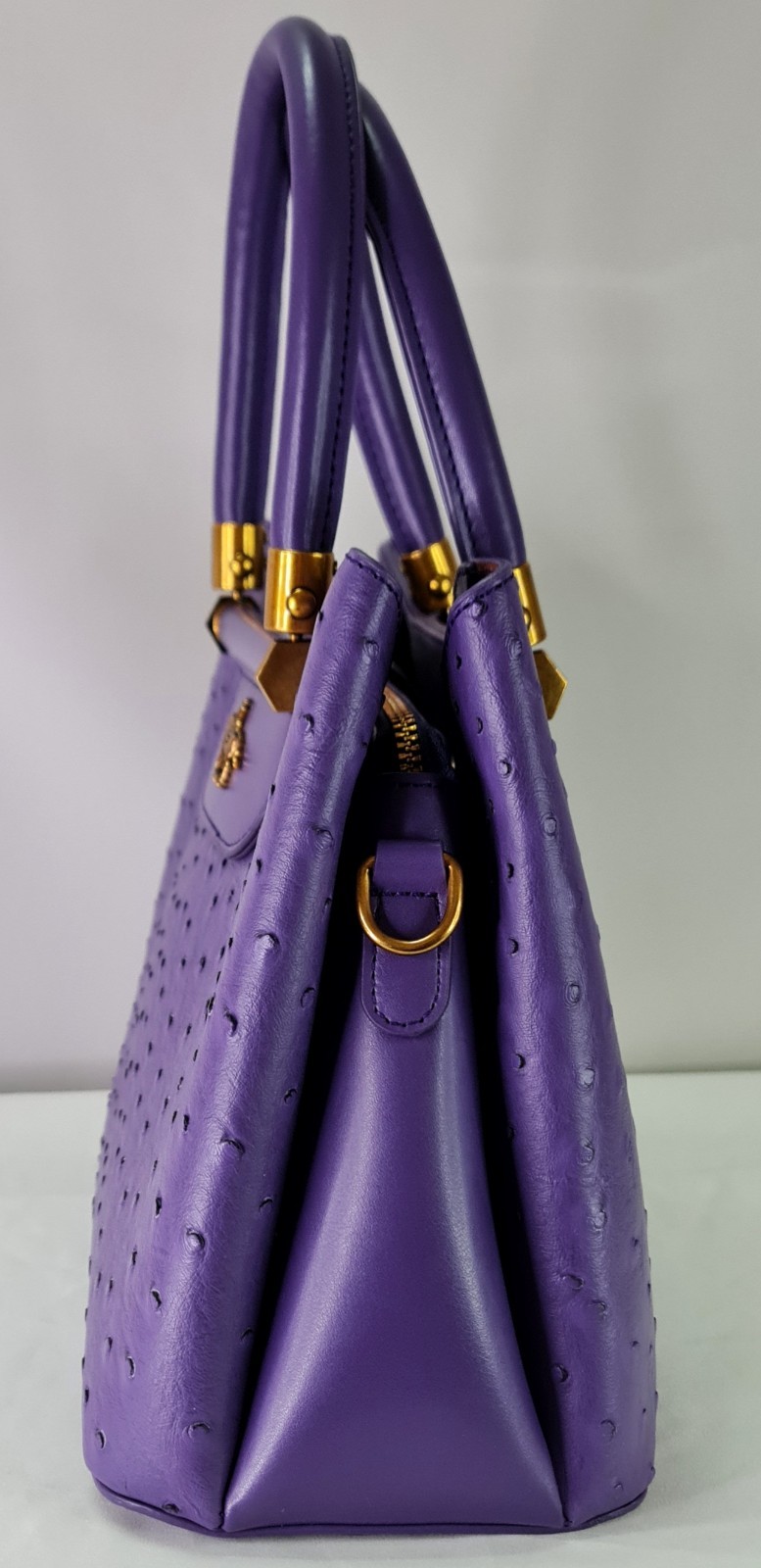 Purple Ostrich Embossed Cow Leather Satchel Top Handle Crossbody Bag Gold Zip