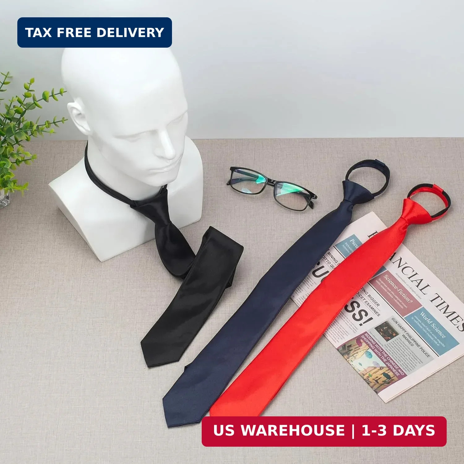 Men’s Pre-Tied Necktie, Adjustable Zipper Skinny Ties for Men, Solid Color Black
