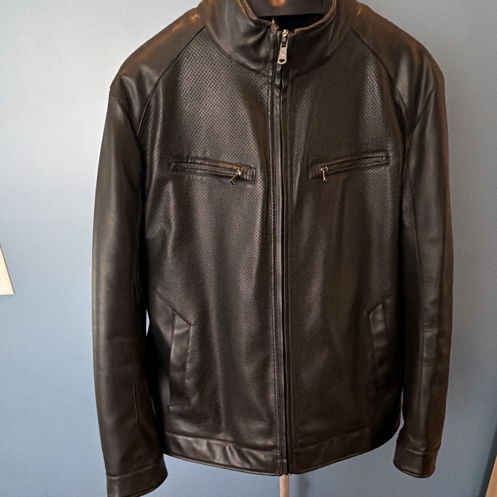 Michael Kors Men’s Black Leather Perforated Full Zip Biker Jacket Pockets XL