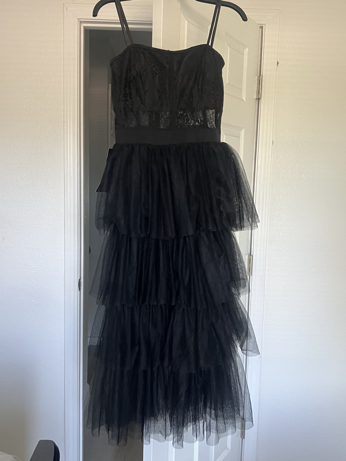 bebe Black Tulle Lace Corset Midi Dress Sweetheart Neckline Size M