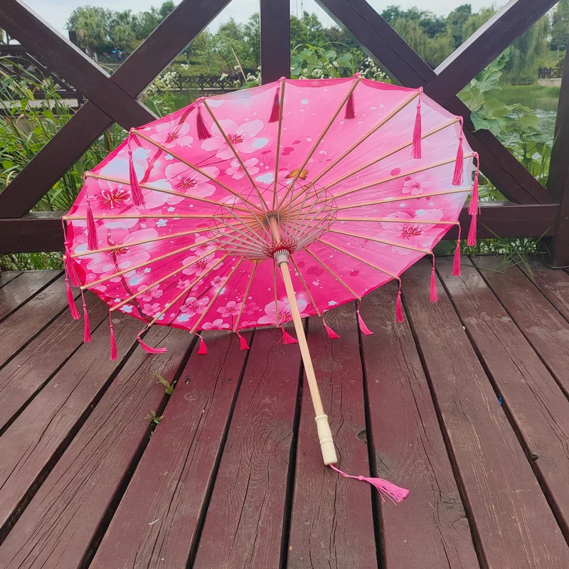 Cloth Parasol Umbrella 82cm Long Handle Silk Tassel Hanfu Cosplay Photo Prop