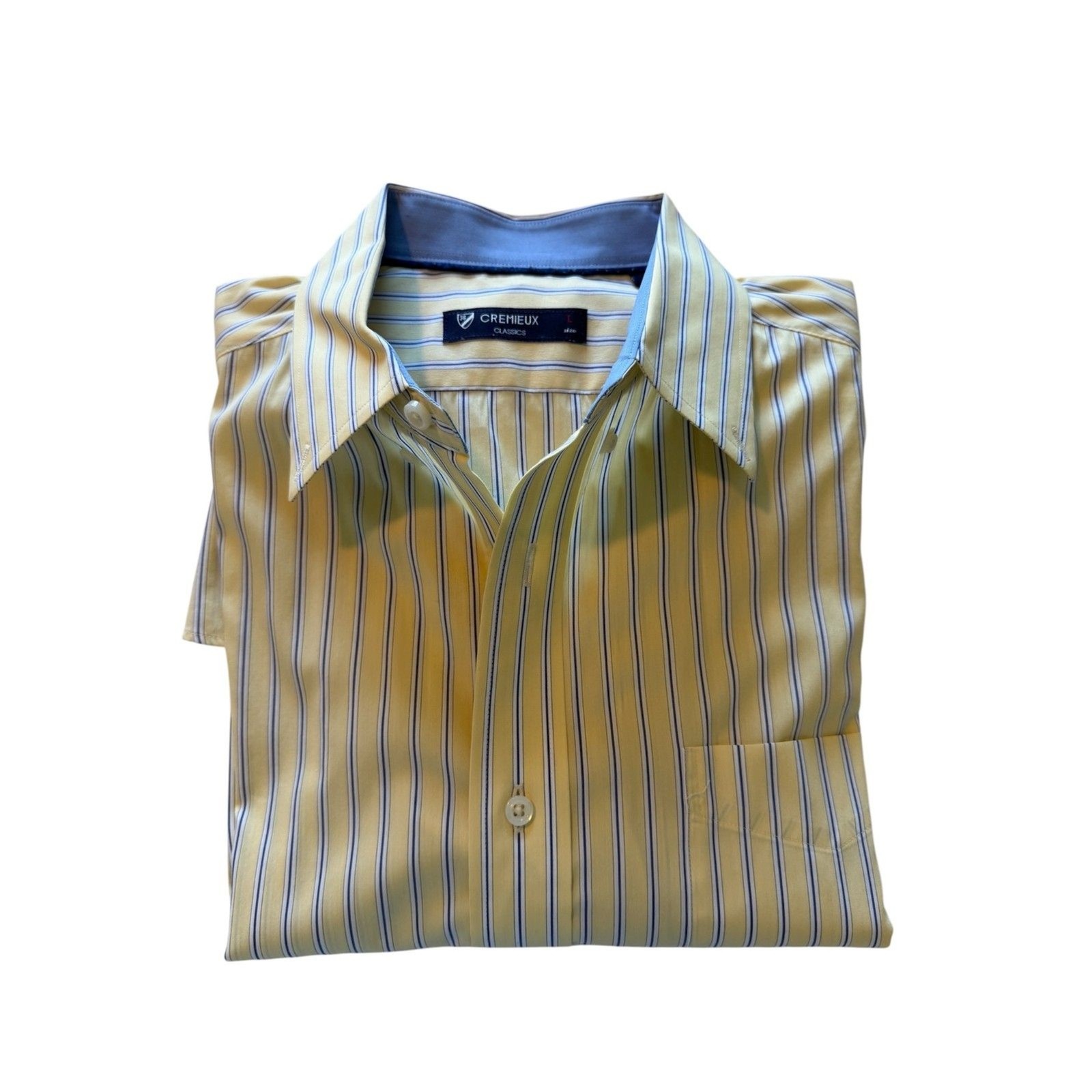Cremieux Classics Mens Large L Yellow Striped Dress Shirt Long Sleeve Blue Cuff