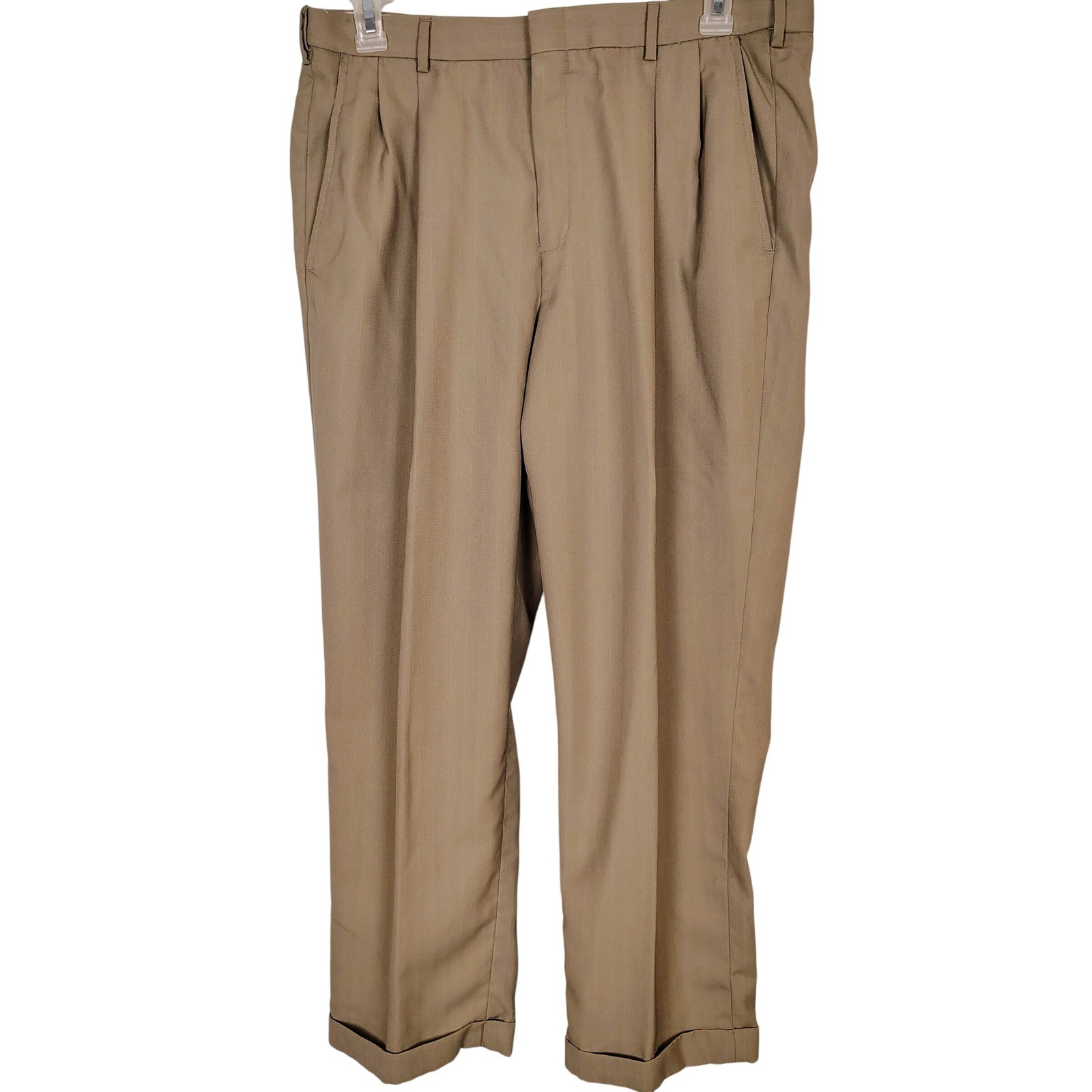 Haggar Mens Pleated Cuffed Dress Pants Tan Khaki 38×29 WPL 386 preppy work