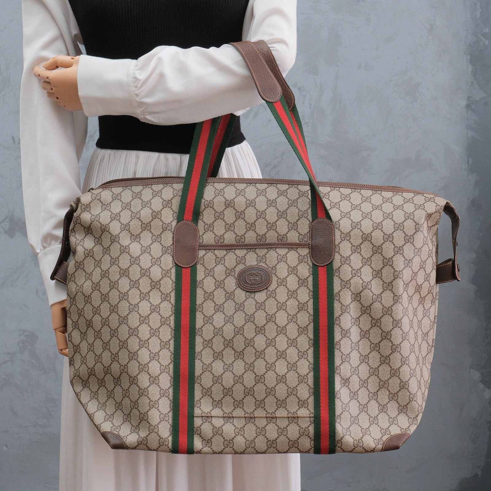 Vintage Gucci Travel Boston Tote Shoulder Bag GG Web Sherry Line 156.19