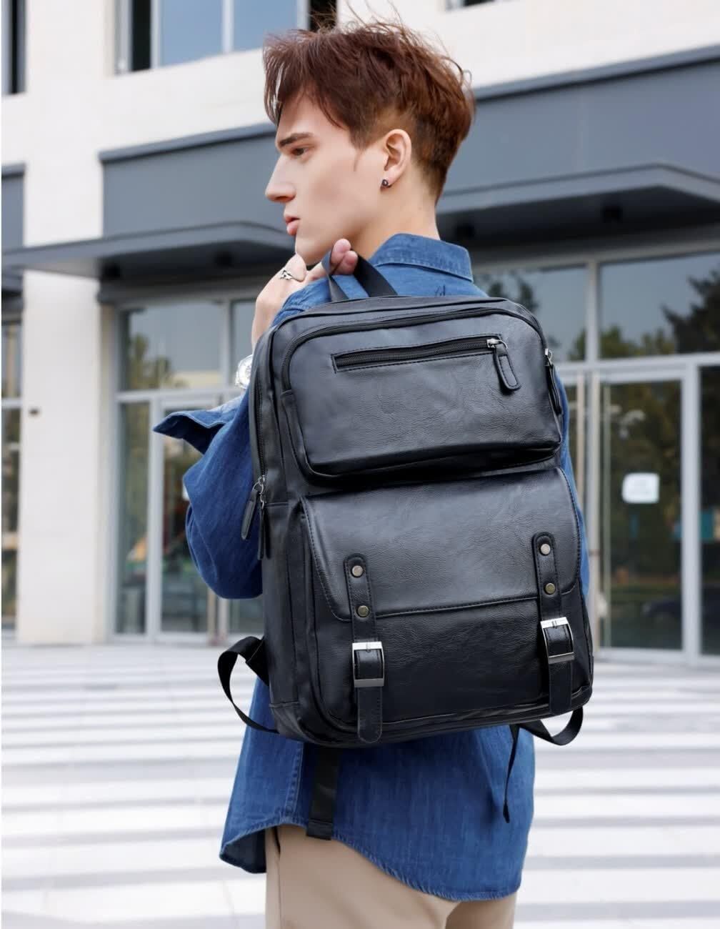 PU Casual Backpack Men’s casual Leather laptop backpack Daily commuter leathe…