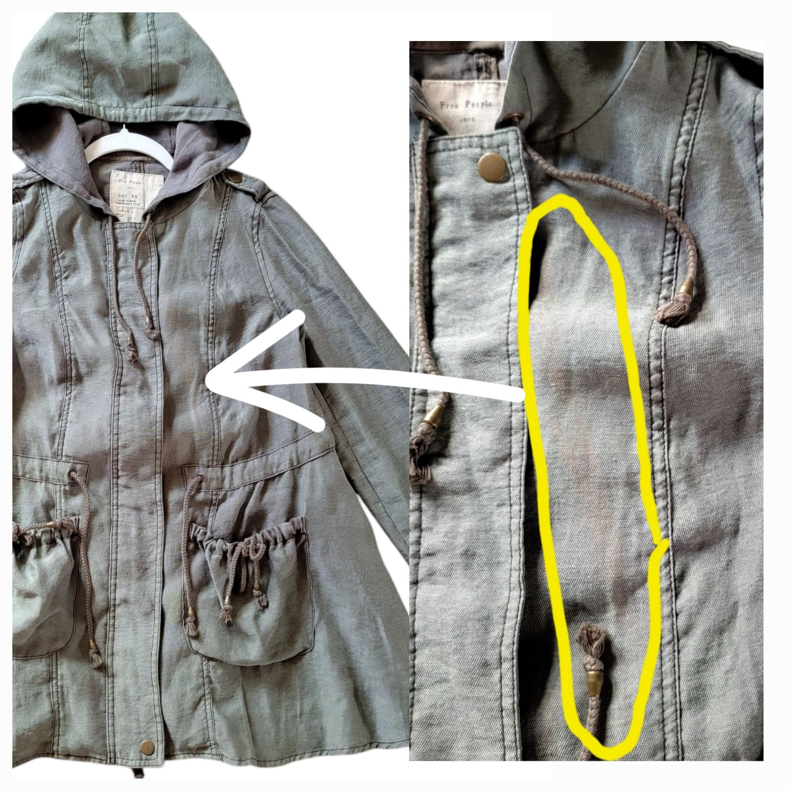 Free People Lightweight Mid Thigh Length Anorak Jacket Hoodie XS Olive Green