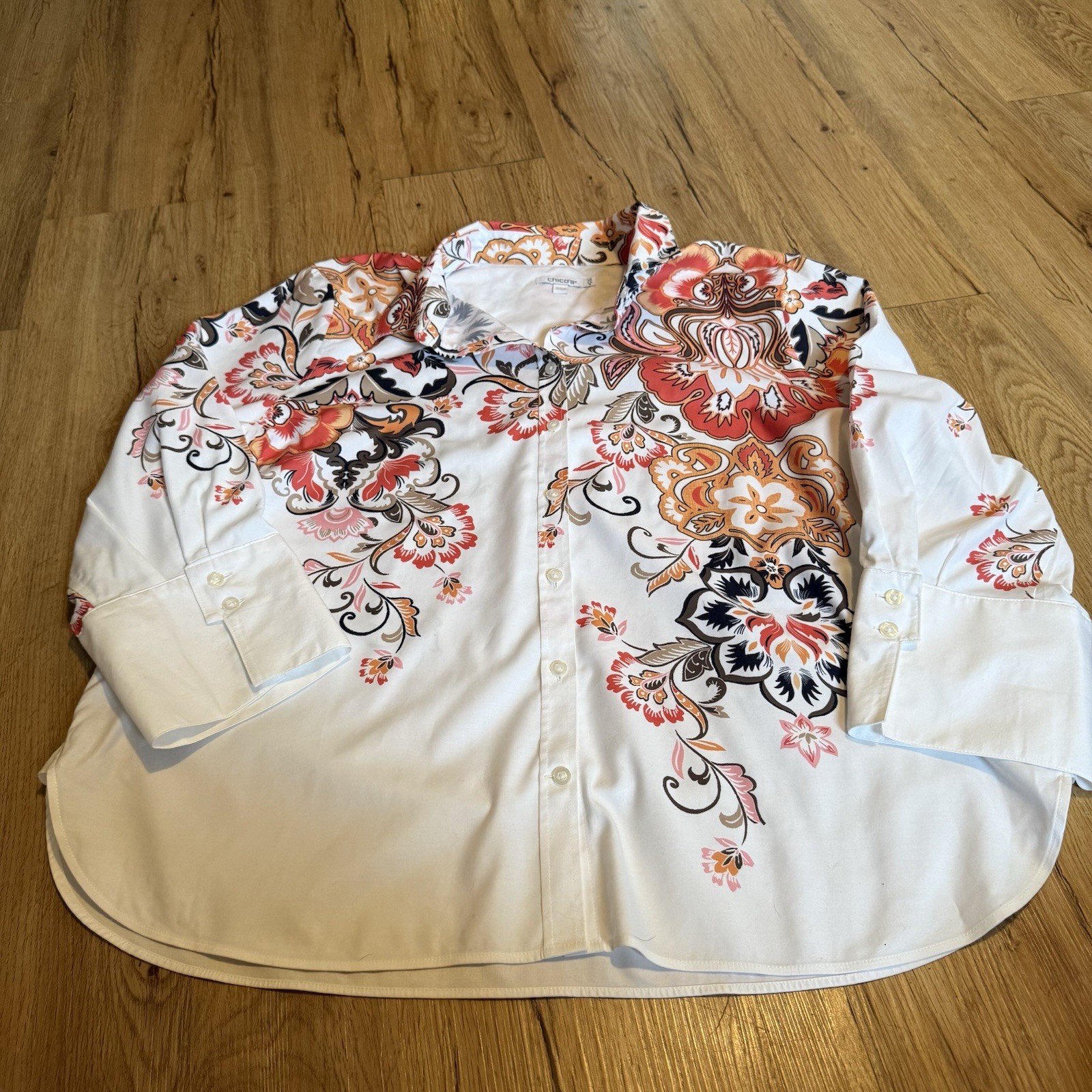 Chicos Women White Floral Print Button Down Tab Sleeve Size 3.5 18 Wester Trop