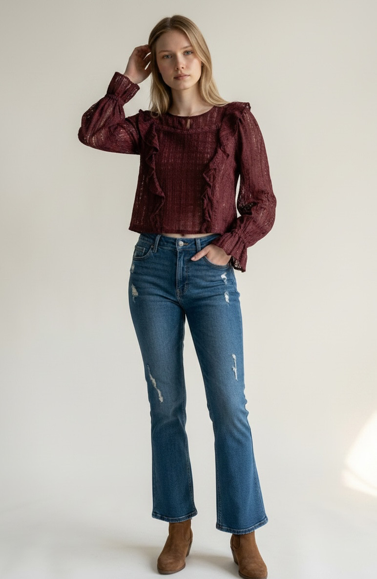 Blue Rain Burgundy Lace Ruffle Long Sleeve Blouse