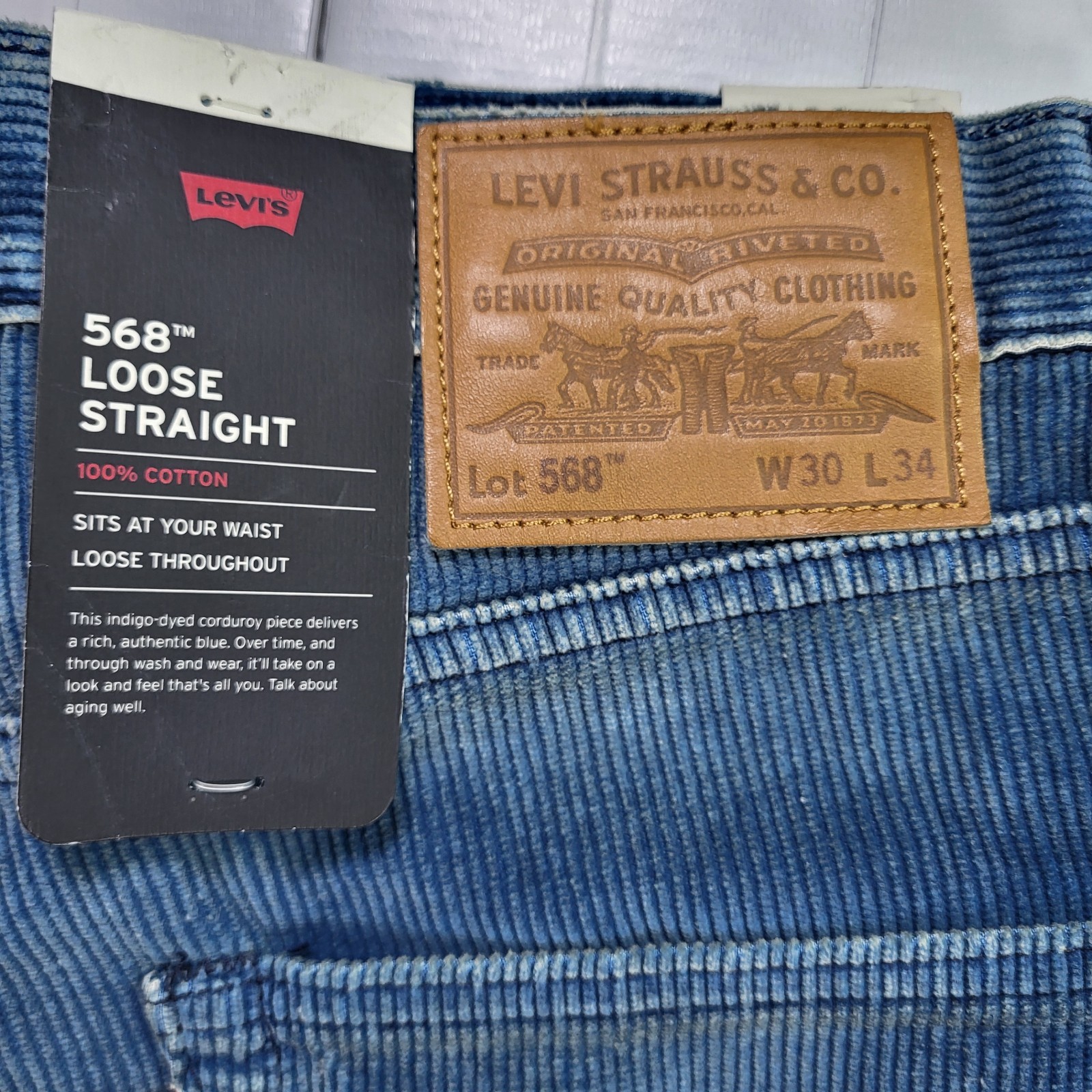 Levis Premium 568 Corduroy Jeans 30×34 New Loose Straight Men’s Blue New W Tags