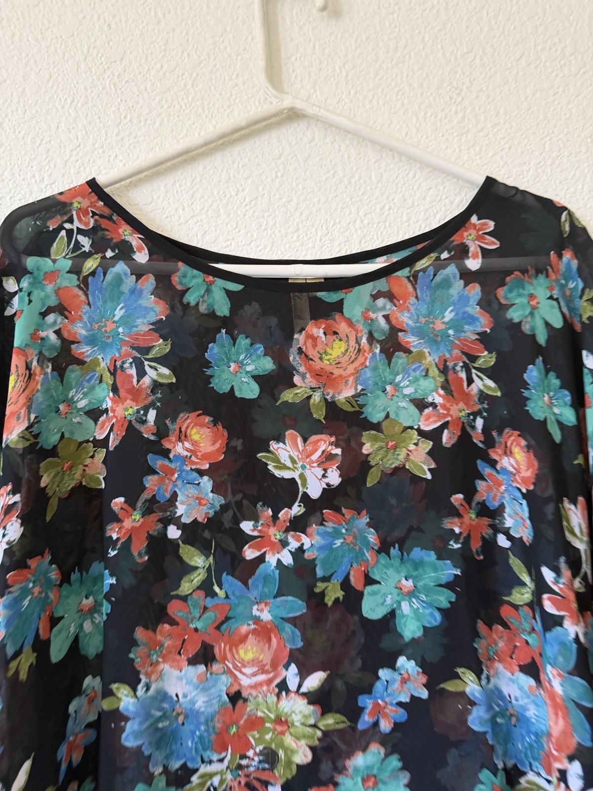 Chenault Womens Floral Chiffon Sheer Batwing Blouse Top Black Multicolor L